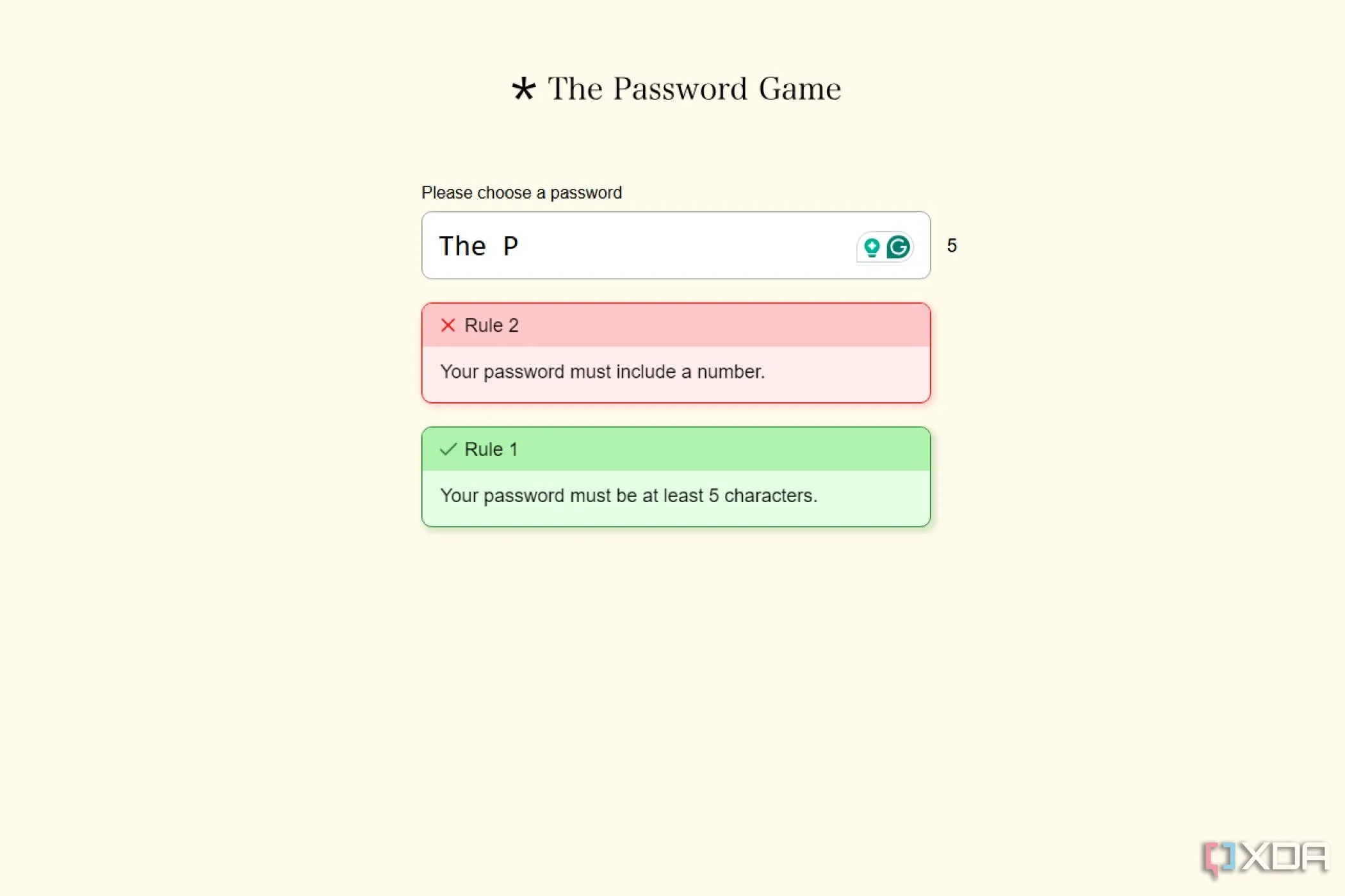 Màn hình game The Password Game với danh sách các quy tắc mật khẩu phức tạp