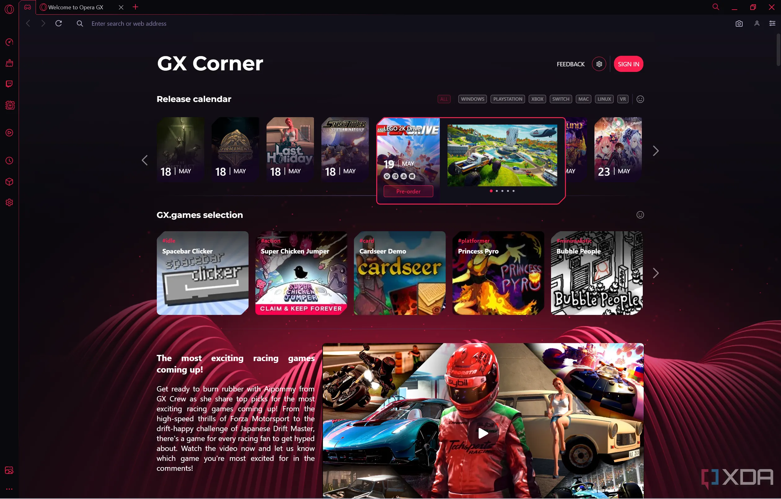 Màn hình GX Corner trên Opera GX hiển thị tin tức và sự kiện game