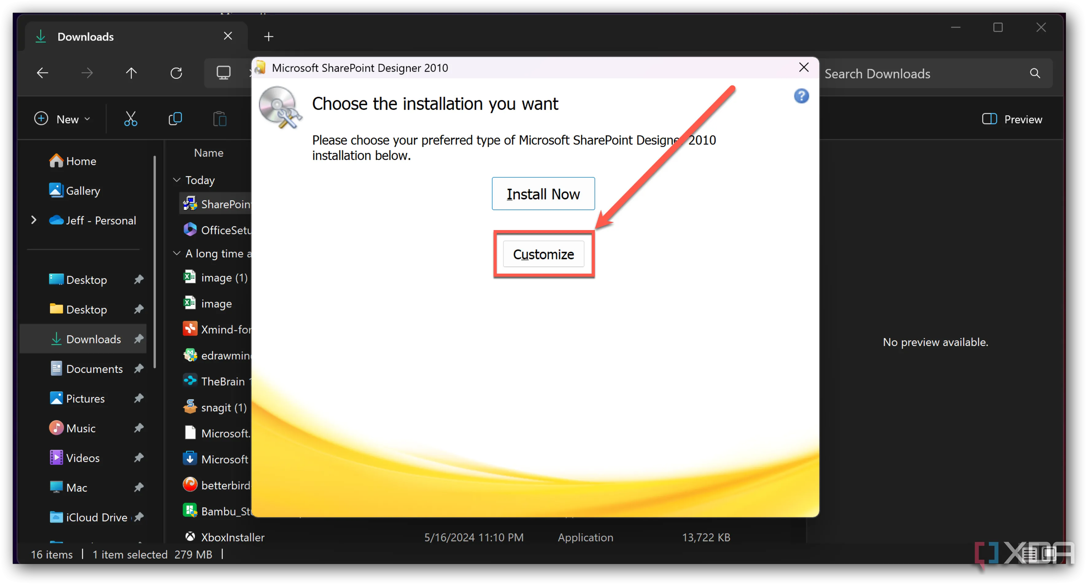 Màn hình lựa chọn cài đặt tùy chỉnh (Customize) trong quá trình cài đặt SharePoint Designer 2010
