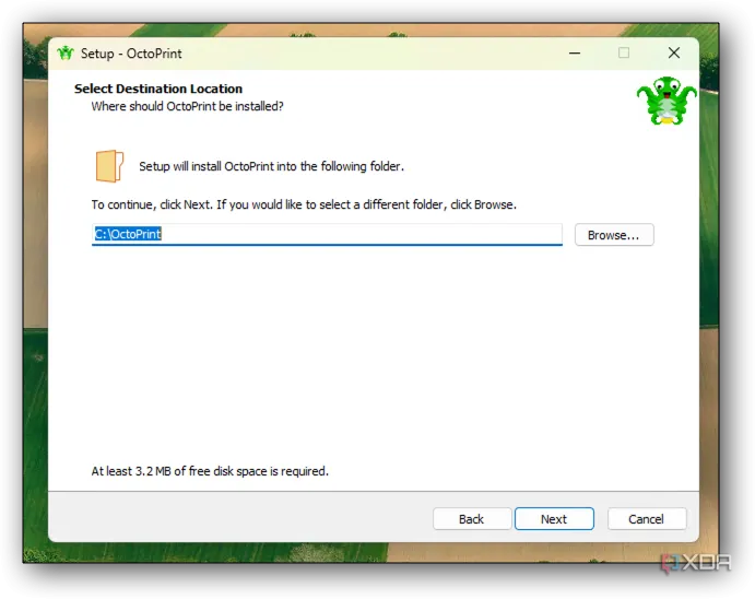 Màn hình lựa chọn thư mục cài đặt OctoPrint trên hệ điều hành Windows