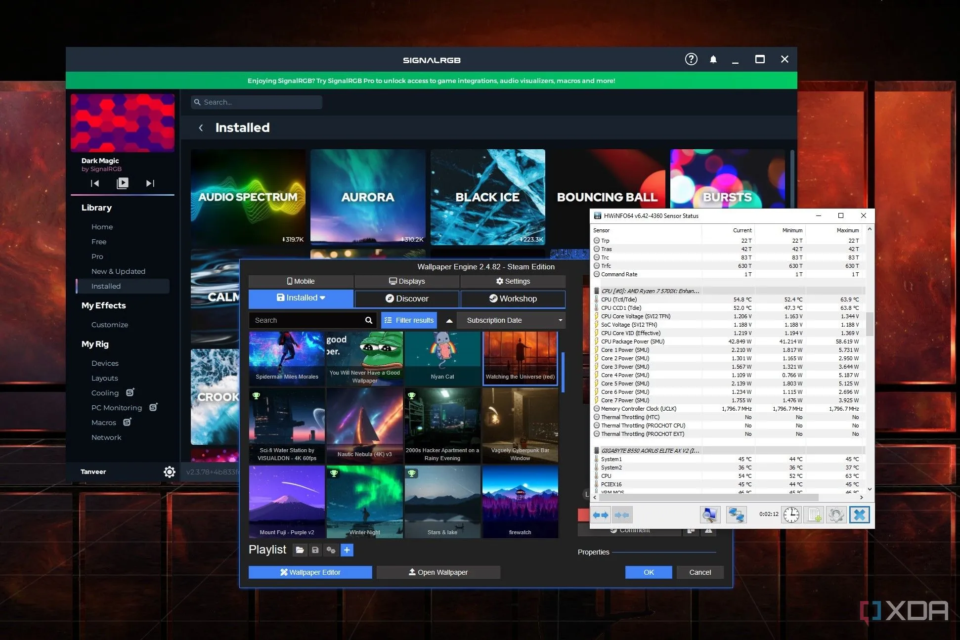 Màn hình máy tính hiển thị các ứng dụng quen thuộc như SignalRGB, Wallpaper Engine và HWiNFO, minh chứng cho việc không cần cài đặt lại ứng dụng sau khi clone ổ đĩa.