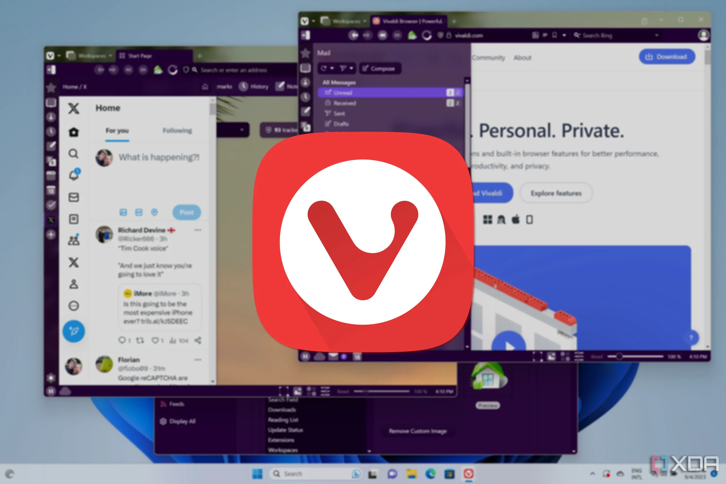 Màn hình máy tính hiển thị nhiều cửa sổ trình duyệt Vivaldi với các Workspaces được sắp xếp gọn gàng, thể hiện khả năng quản lý tab thông minh của Vivaldi
