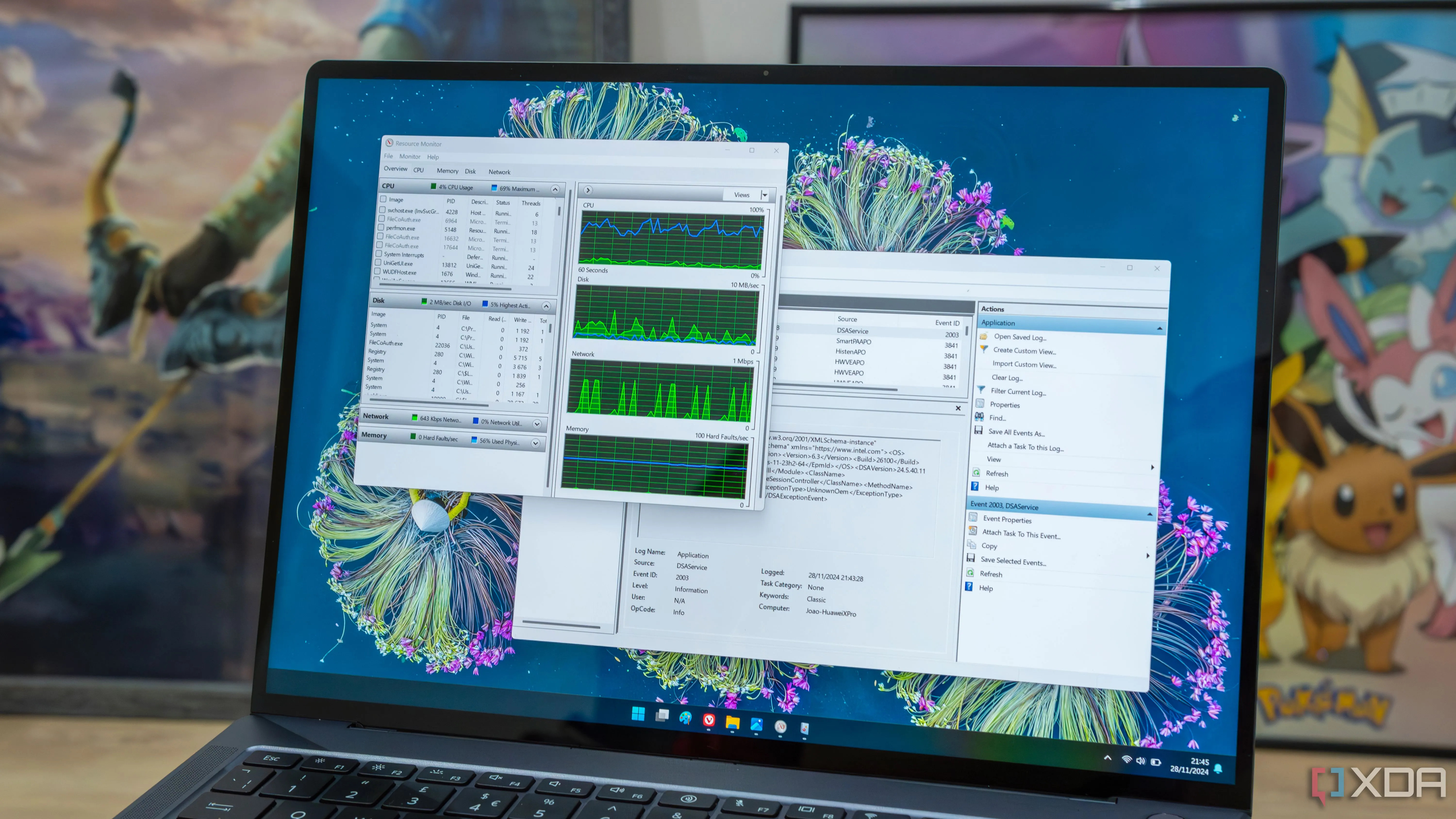 Màn hình máy tính Windows 11 hiển thị các công cụ quản lý tài nguyên (Resource Monitor) và trình xem sự kiện (Event Viewer) có thể truy cập qua God Mode.