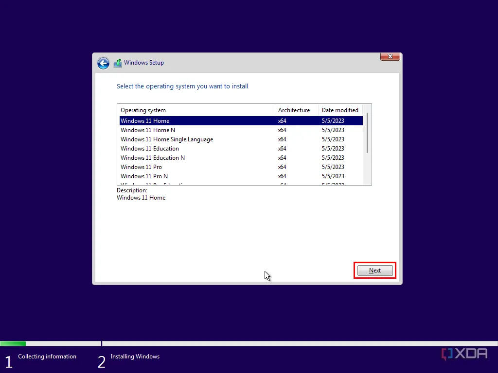 Màn hình môi trường cài đặt Windows hỏi người dùng chọn phiên bản Windows 11 phù hợp