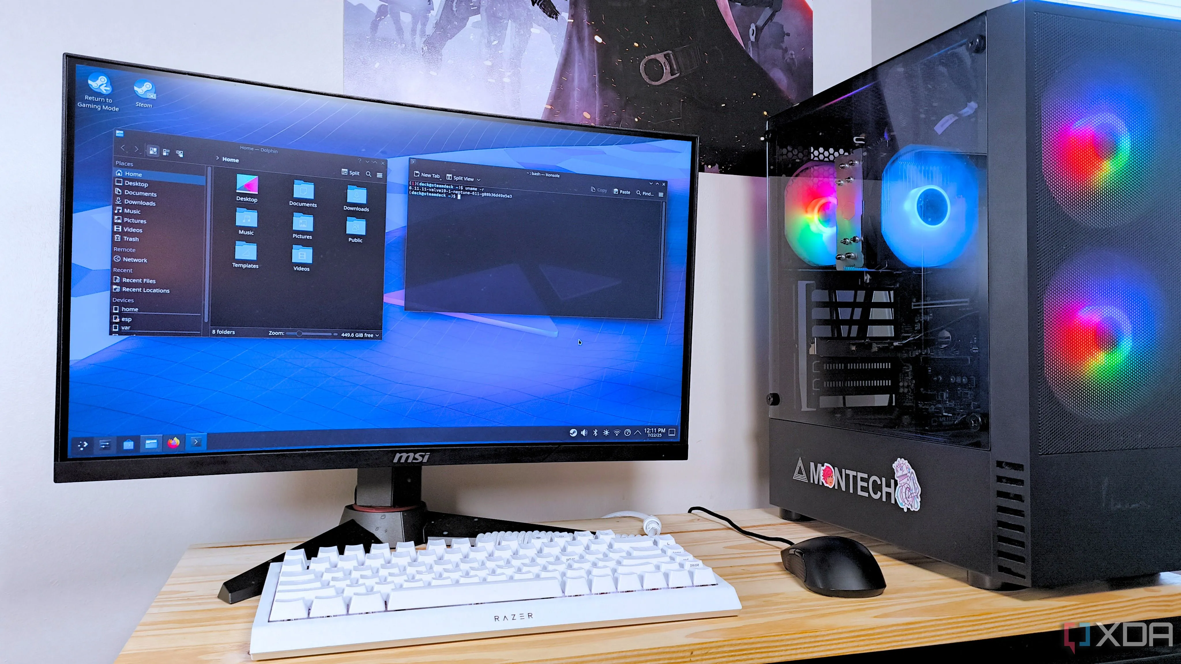 Màn hình PC chơi game SteamOS hiển thị ứng dụng Files và Terminal trong môi trường desktop KDE Plasma