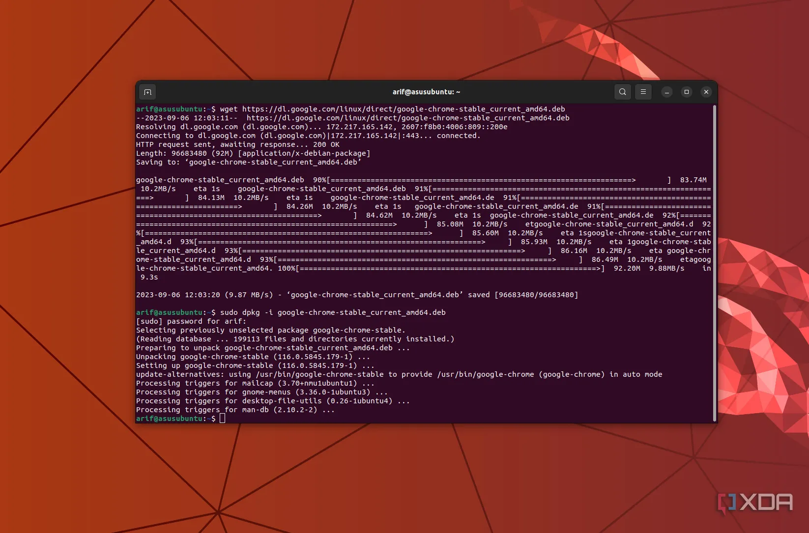 Màn hình terminal Ubuntu Linux hiển thị mã lệnh cài đặt Chrome