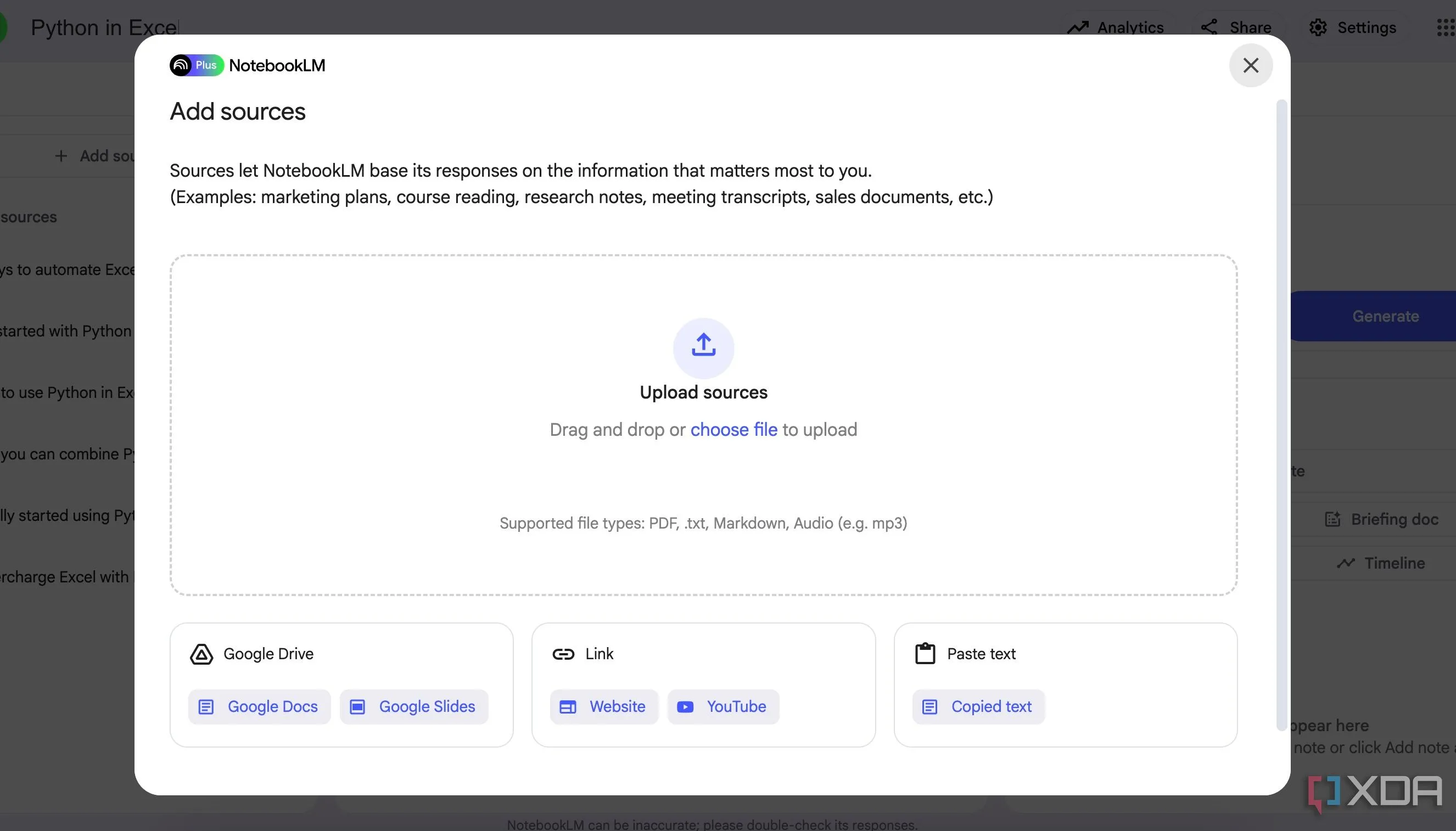 Màn hình thêm nguồn tài liệu vào NotebookLM, hỗ trợ nhập các ghi chú từ ứng dụng bên ngoài như OneNote hay Obsidian