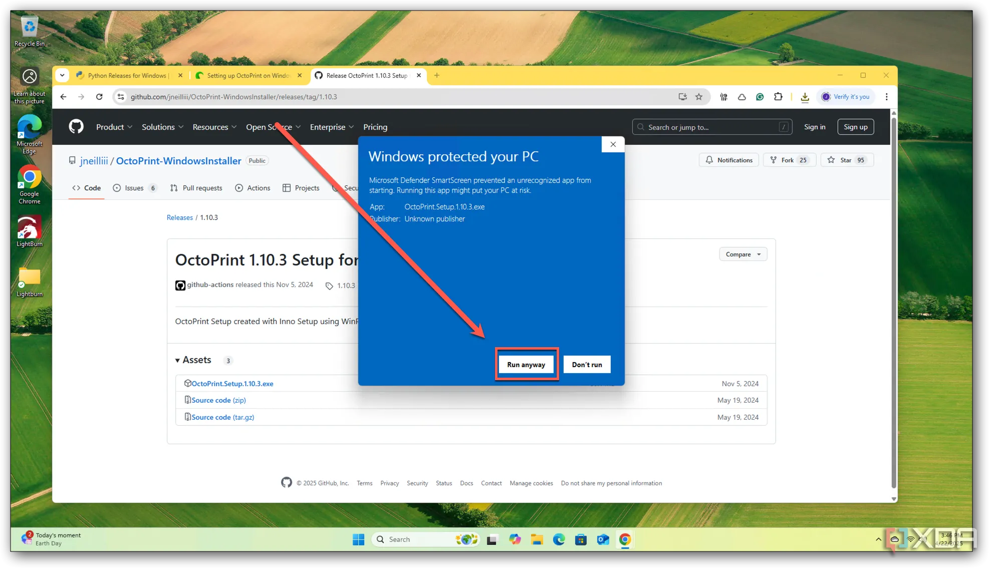 Màn hình thông báo Microsoft Defender chặn trình cài đặt OctoPrint trên Windows