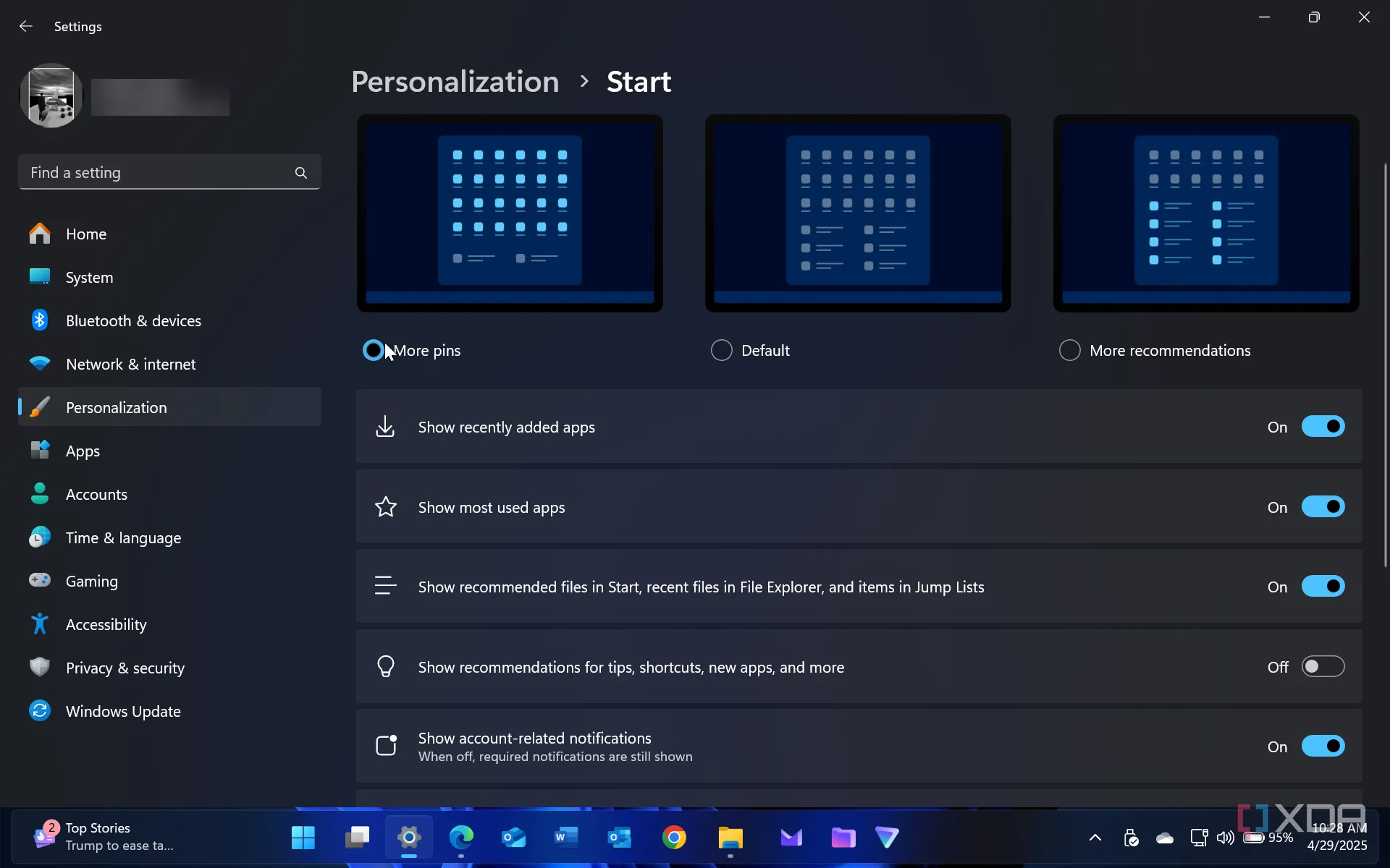 Màn hình tùy chỉnh bố cục và hiển thị của Menu Start trên Windows 11 để tăng khả năng truy cập nhanh.