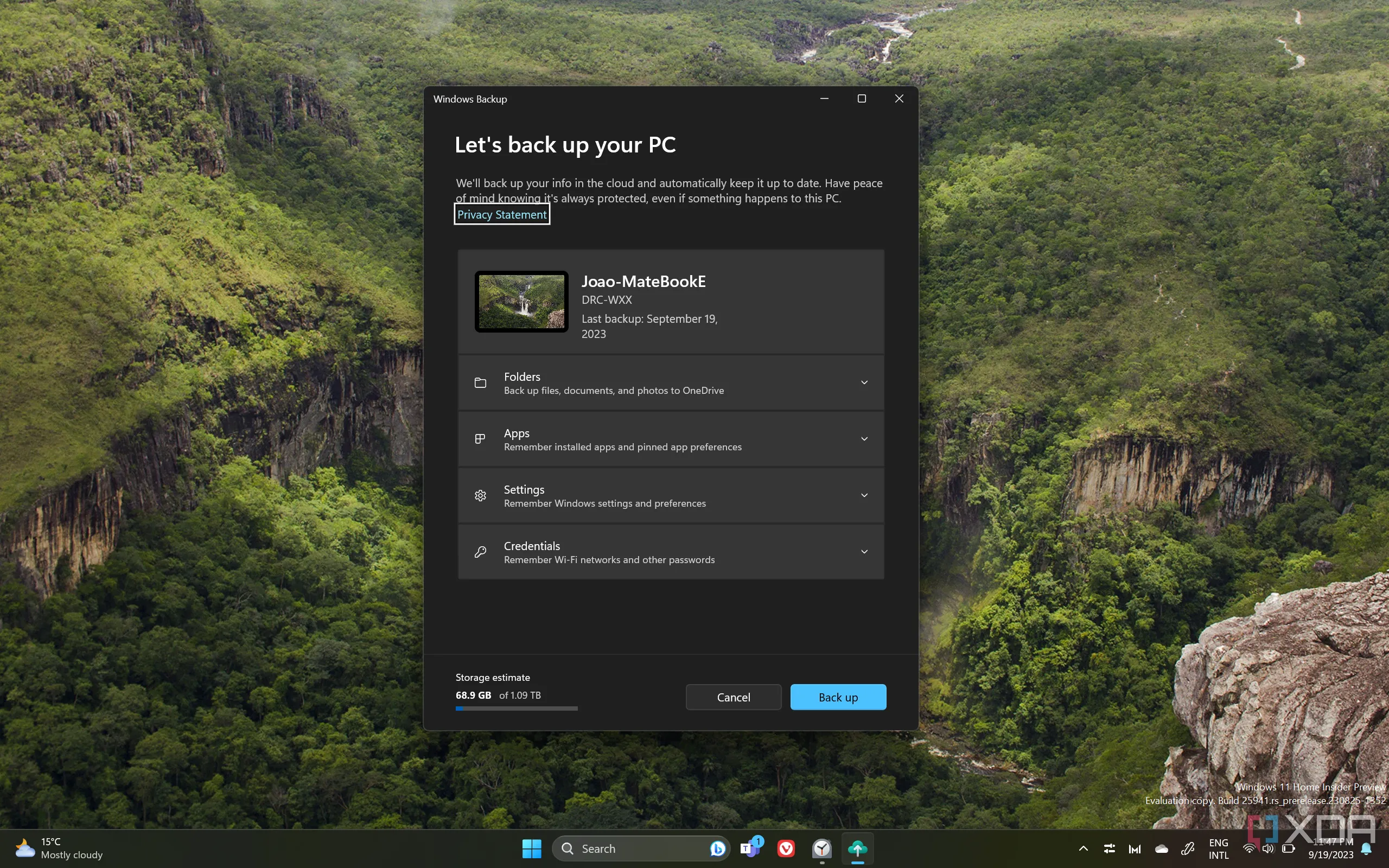 Màn hình ứng dụng Windows Backup trên Windows 11