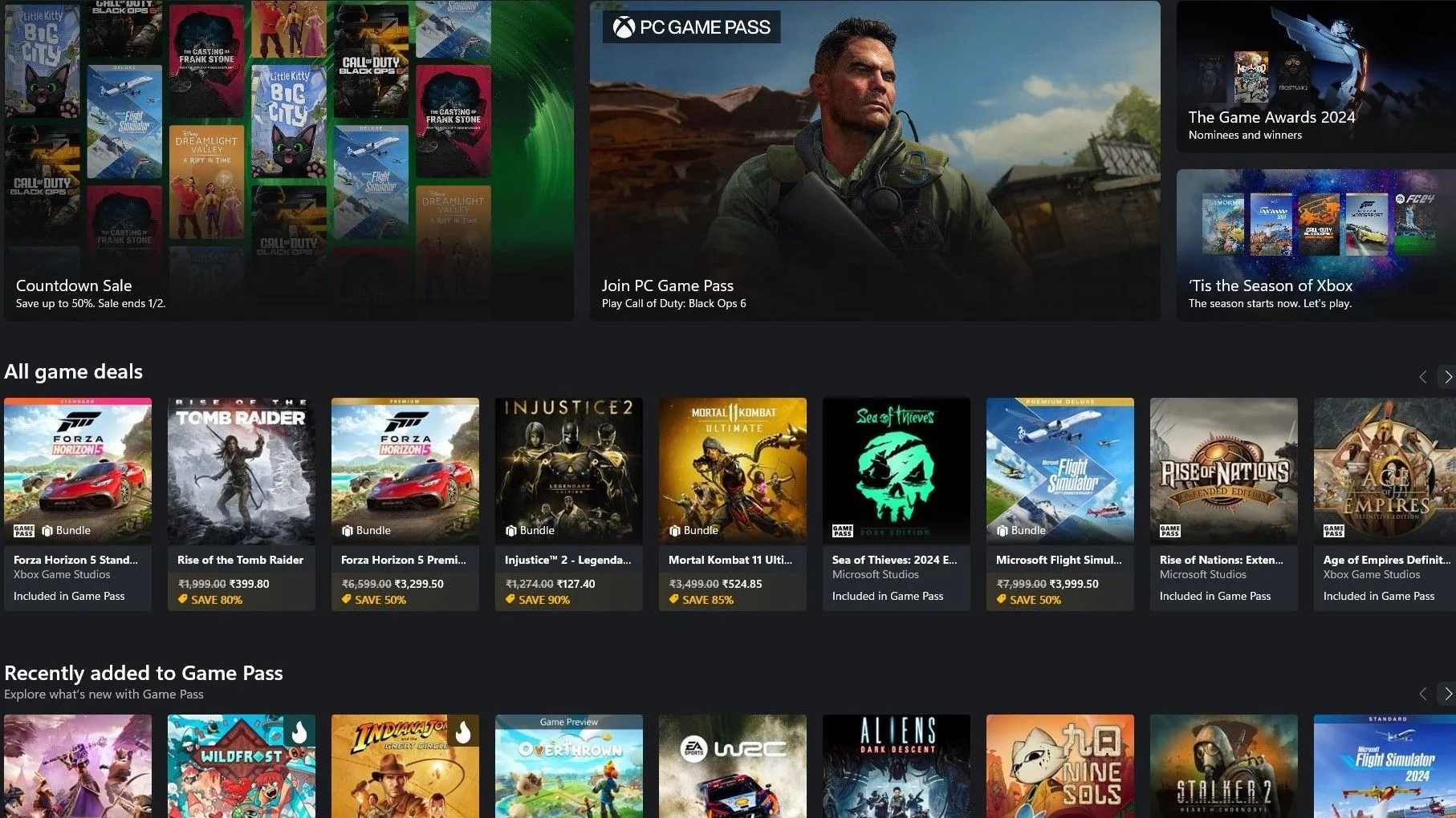 Màn hình ứng dụng Xbox hiển thị các tựa game khác nhau