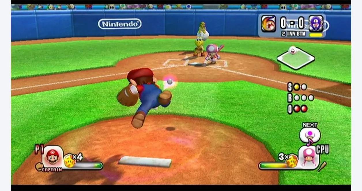 Mario đang ném bóng đầy uy lực trong game Mario Super Sluggers, biểu tượng cho sự trở lại của series bóng chày Mario trên Switch 2.
