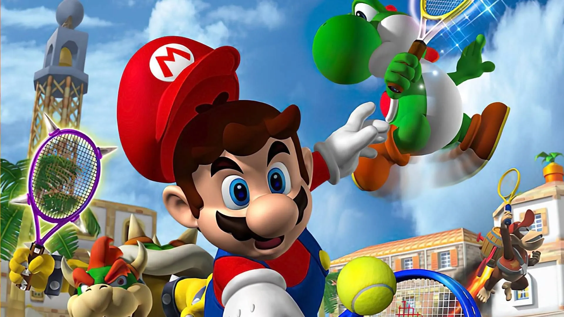 Mario Power Tennis với Bowser, Yoshi và Diddy Kong đang chuẩn bị đánh bóng