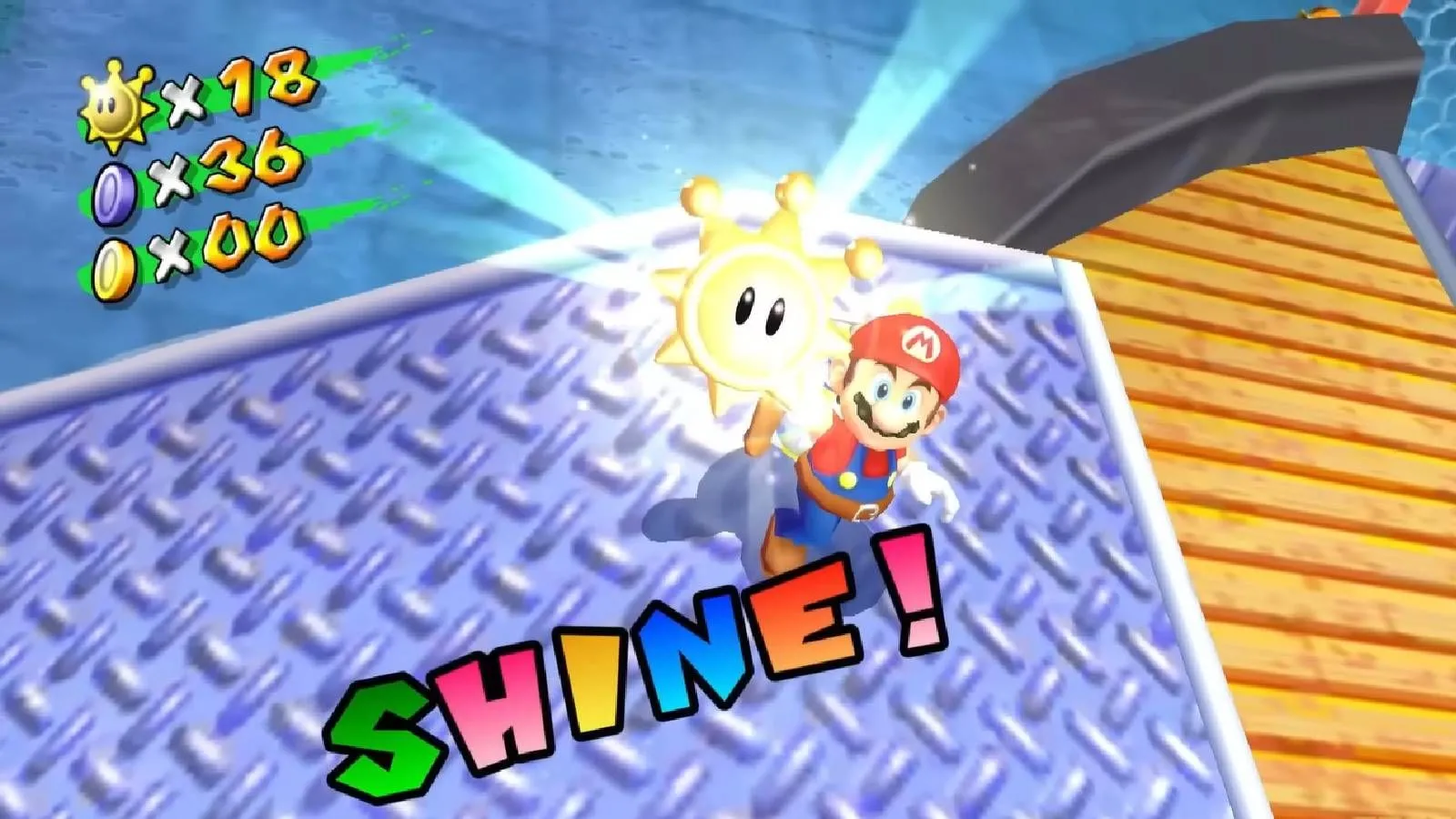 Mario trong Super Mario Sunshine đang lấy Shine Sprite trên một hòn đảo nhiệt đới