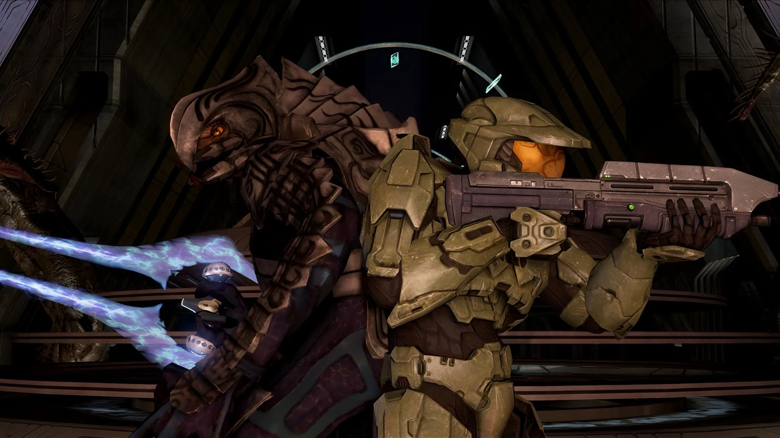 Master Chief và The Arbiter trong một cảnh hành động co-op màn hình chia đôi của game Halo 3