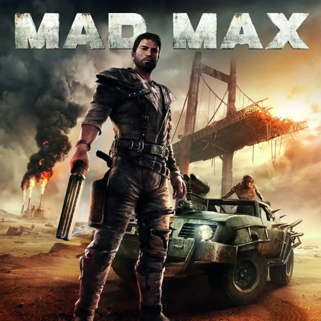 Max Rockatansky đứng trước chiếc xe Magnum Opus của mình trong thế giới hoang tàn của game Mad Max, chuẩn bị cho cuộc chiến