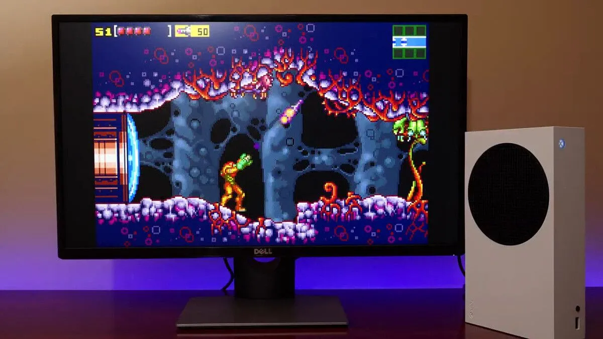 Máy chơi game Xbox Series S đang chạy giả lập RetroArch, thể hiện khả năng tương thích và tối ưu hiệu suất game cổ điển.