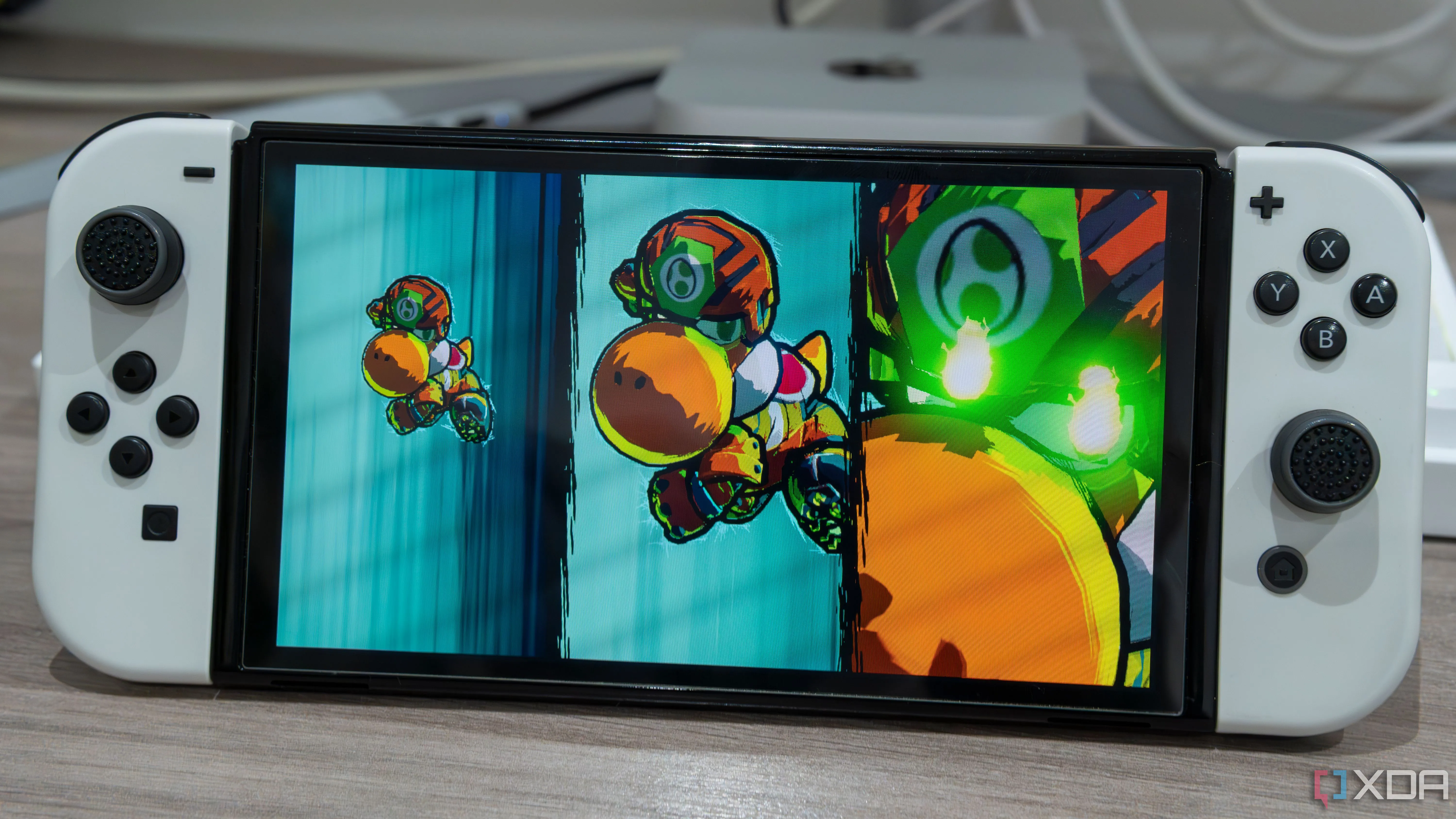 Máy Nintendo Switch OLED hiển thị game Mario Strikers Battle League, minh họa các tựa game Mario phổ biến