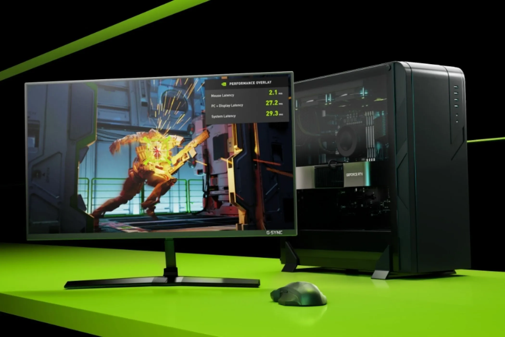 Máy tính chơi game với card đồ họa Nvidia, màn hình hiển thị game và các chỉ số độ trễ (latency), nhấn mạnh tầm quan trọng của giảm thiểu lag trong trải nghiệm gaming.
