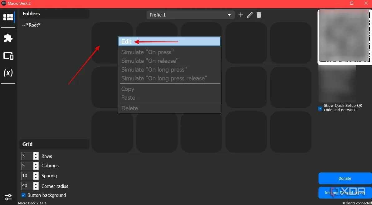Menu chỉnh sửa icon trên Macro Deck hiển thị tùy chọn 'Edit' khi nhấp chuột phải vào một nút trống