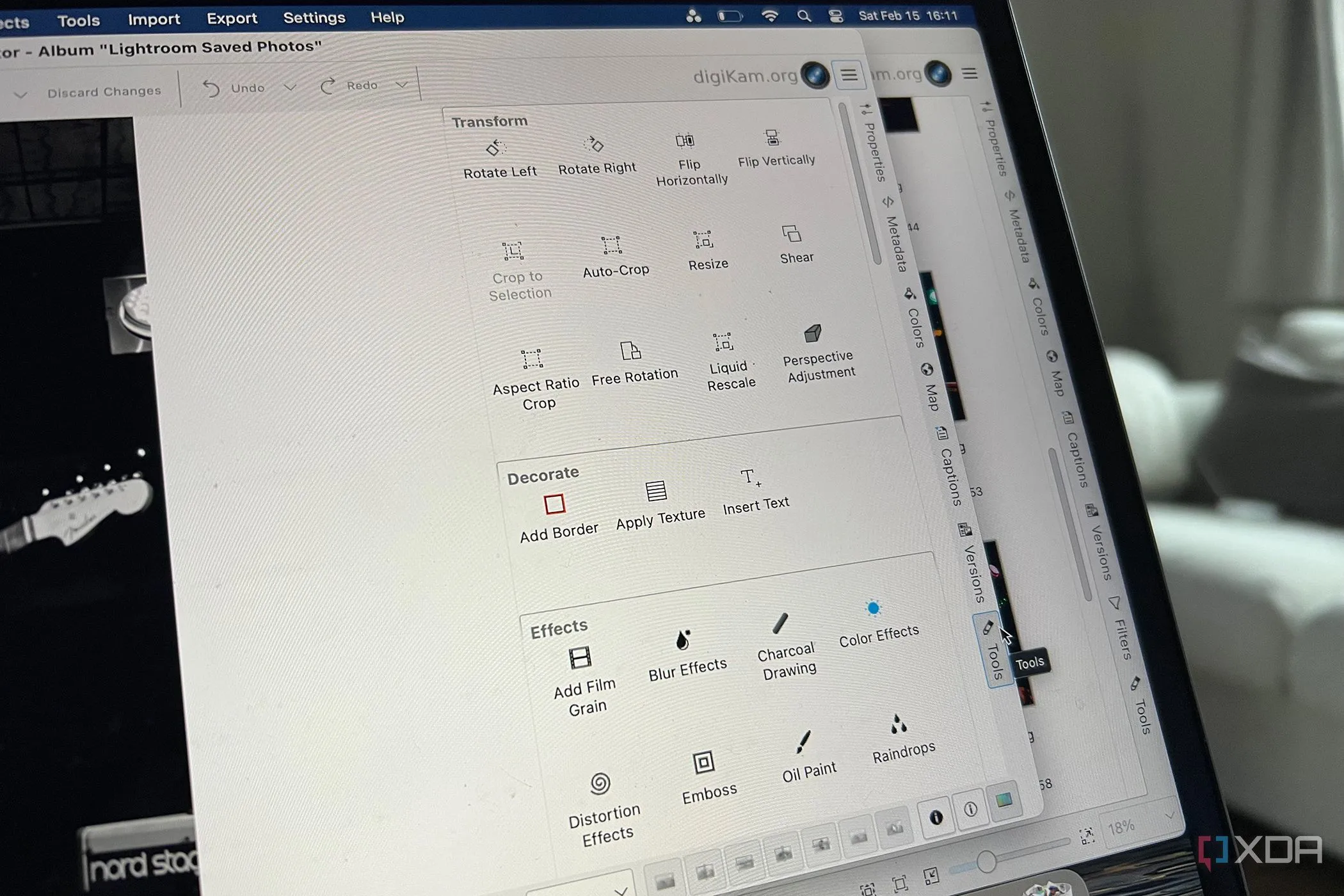 Menu công cụ chỉnh sửa ảnh cơ bản trong phần mềm DigiKam, bao gồm các tùy chọn điều chỉnh màu sắc và bộ lọc
