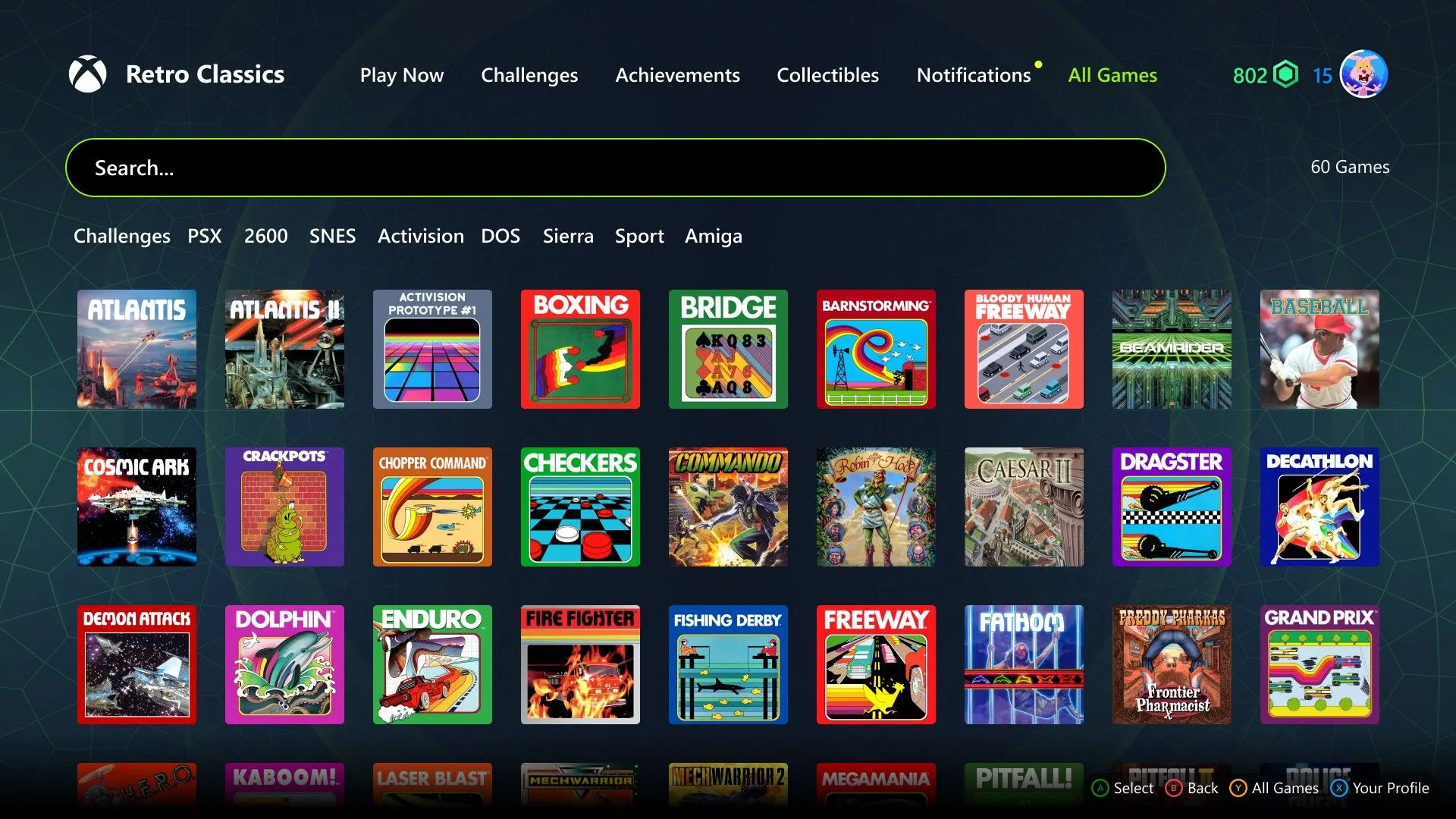 Menu lựa chọn game Retro Classics hiển thị nhiều tựa game có sẵn