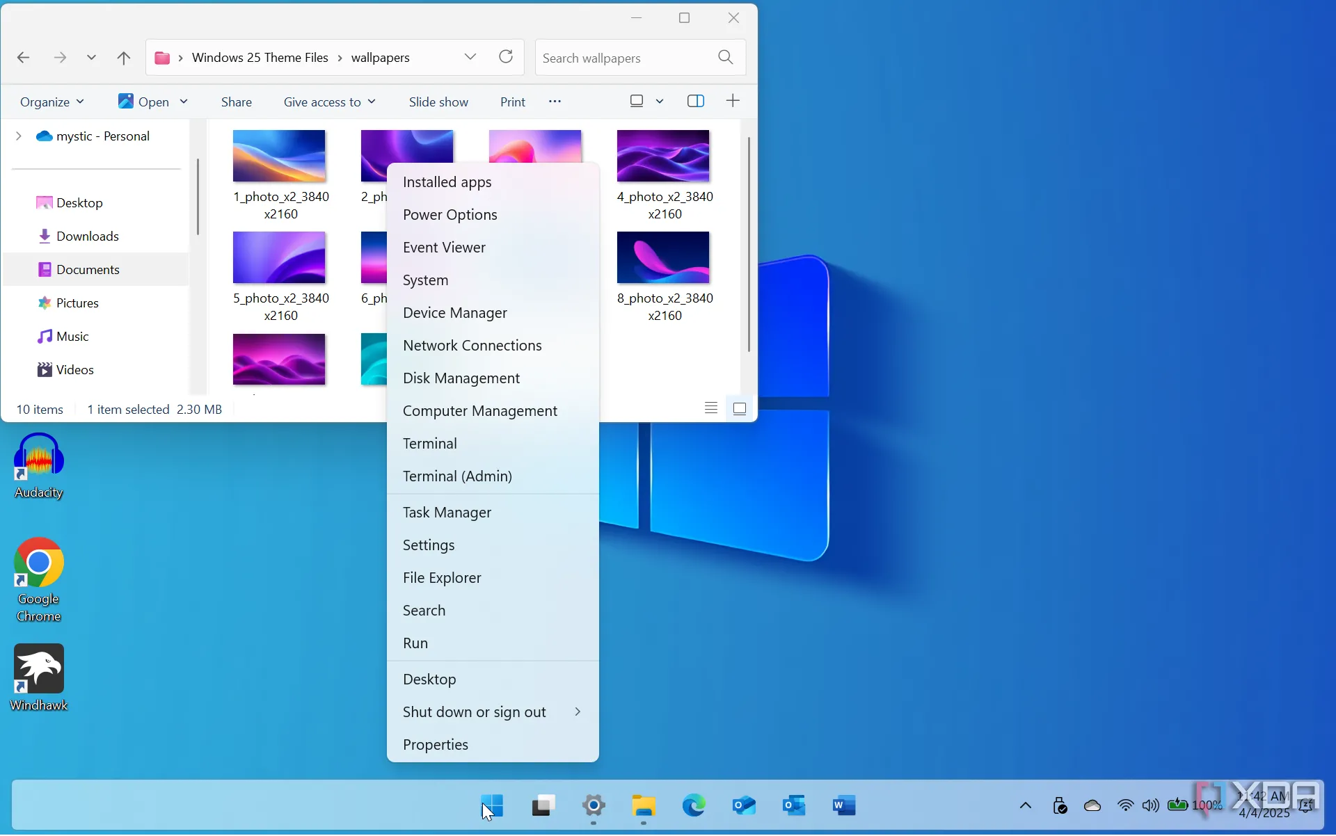 Menu Power User trong môi trường Windows 25 mod với giao diện hiện đại