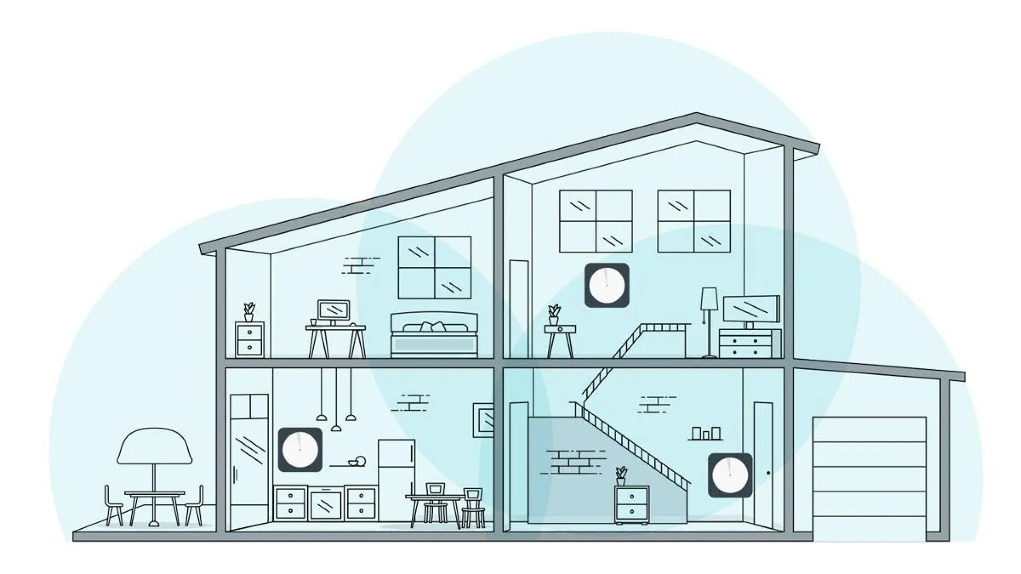Minh họa các vị trí đặt node Wi-Fi Mesh chiến lược trong ngôi nhà đa tầng để tối ưu vùng phủ sóng