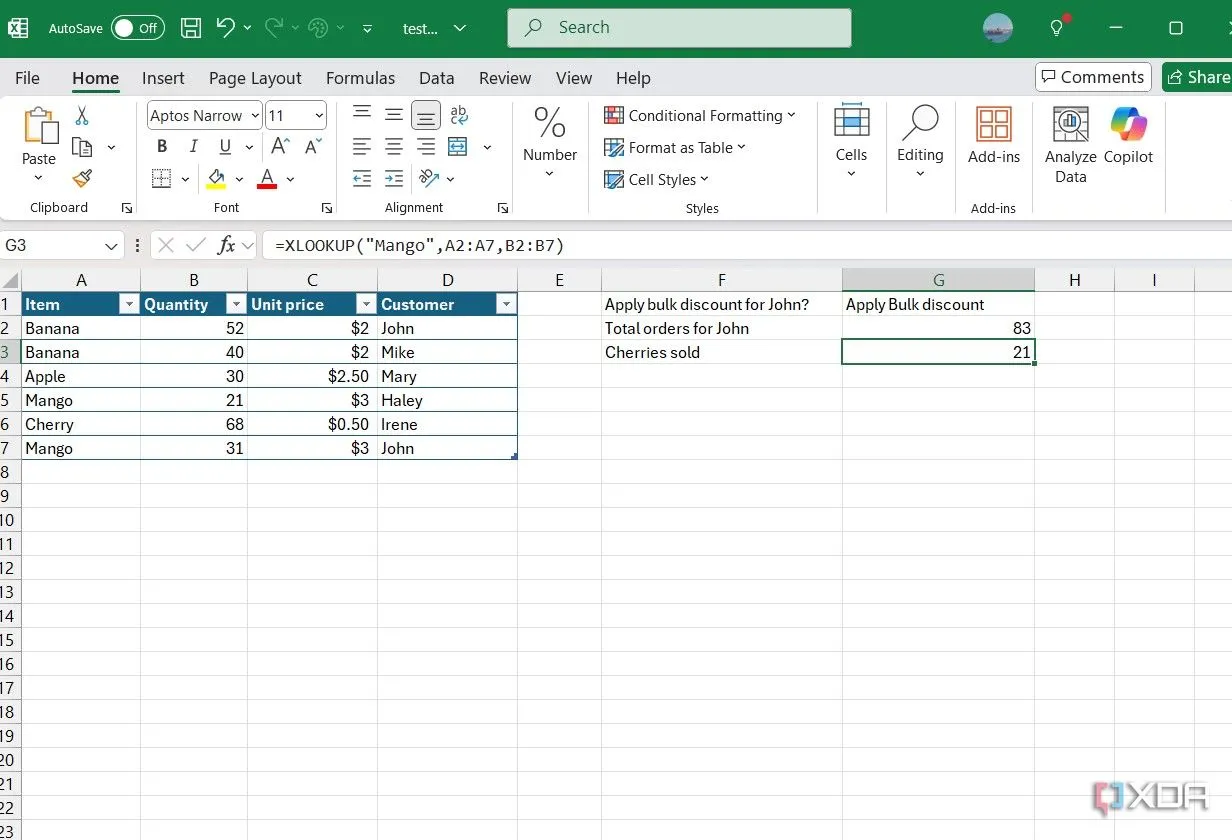 Minh họa hàm XLOOKUP trong Microsoft Excel giúp tìm số lượng cherry đã bán