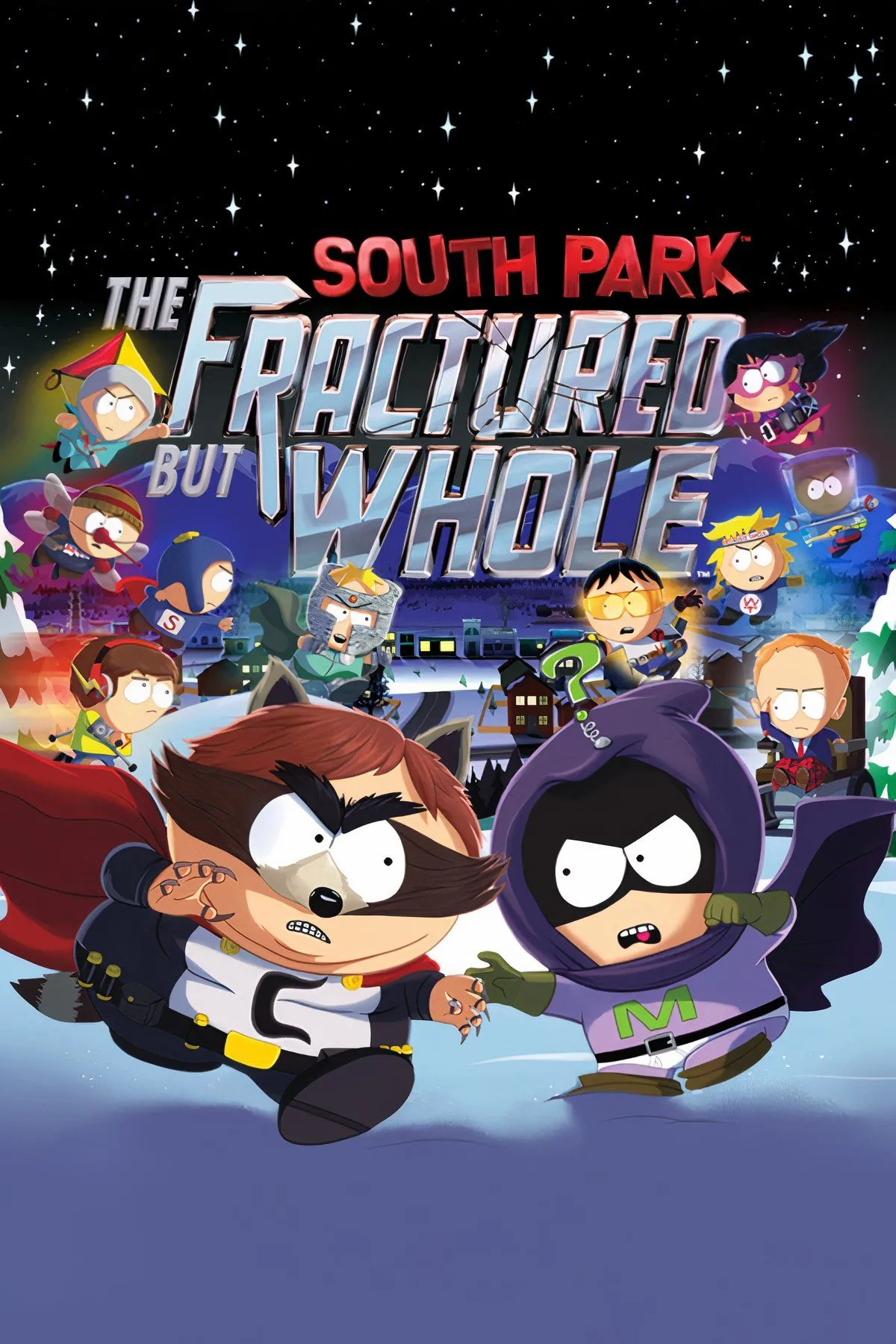 Mô tả hình ảnh các nhân vật South Park trong trang phục siêu anh hùng, với lối chơi chiến thuật theo lượt của game The Fractured but Whole.