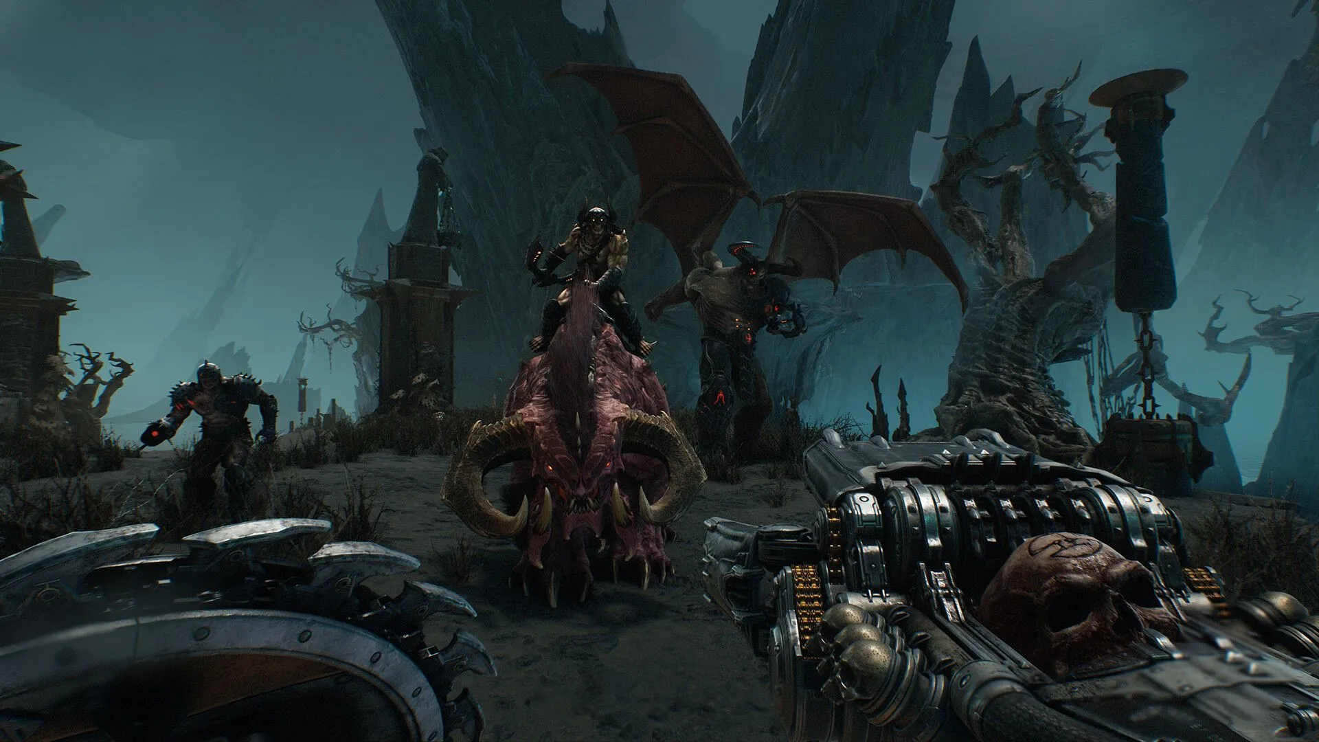 Môi trường game Doom The Dark Ages tối tăm và huyền bí.
