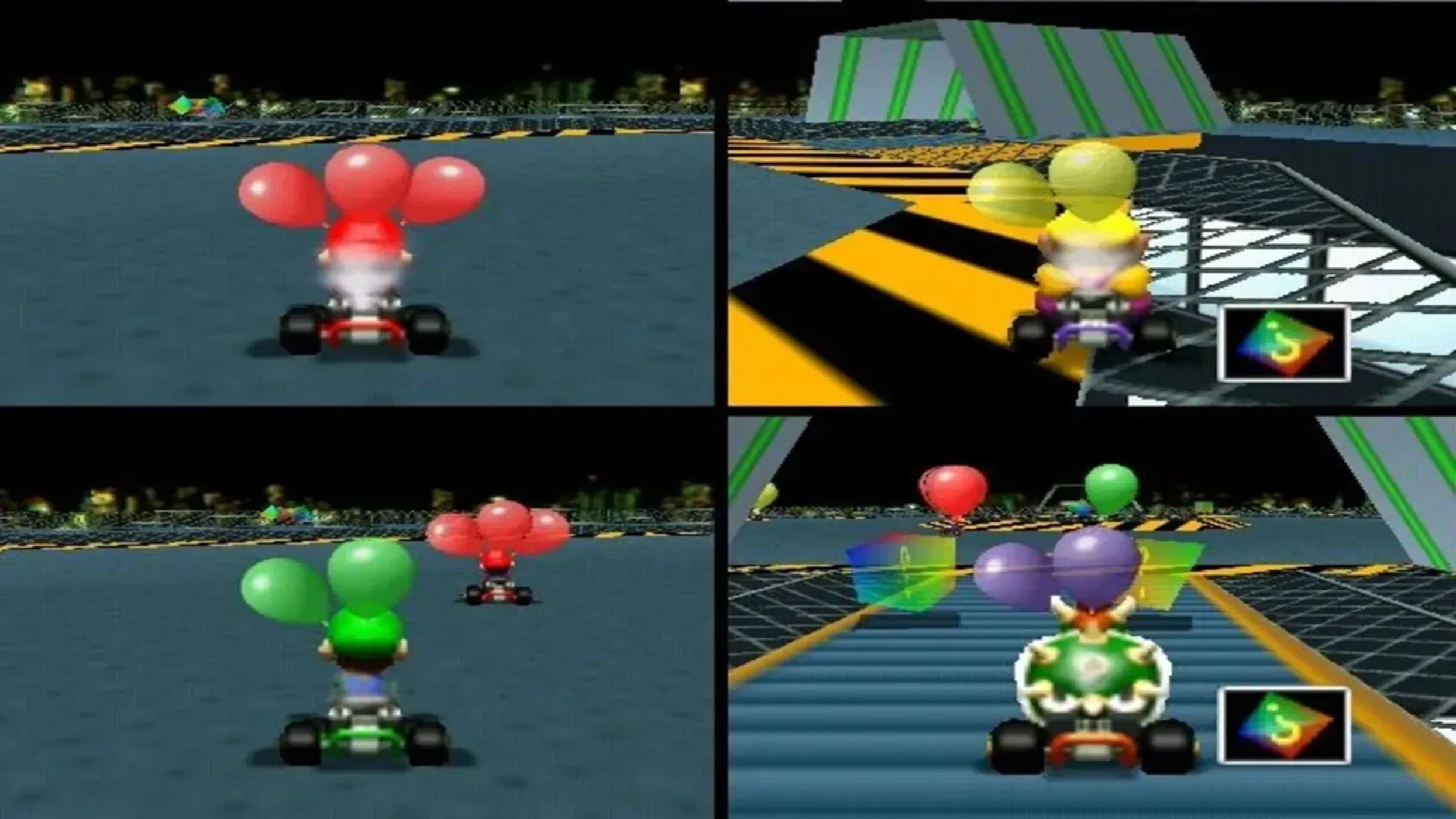 Một ảnh chụp màn hình gameplay từ Mario Kart 64, hiển thị nhân vật đua xe trên đường đua đầy màu sắc