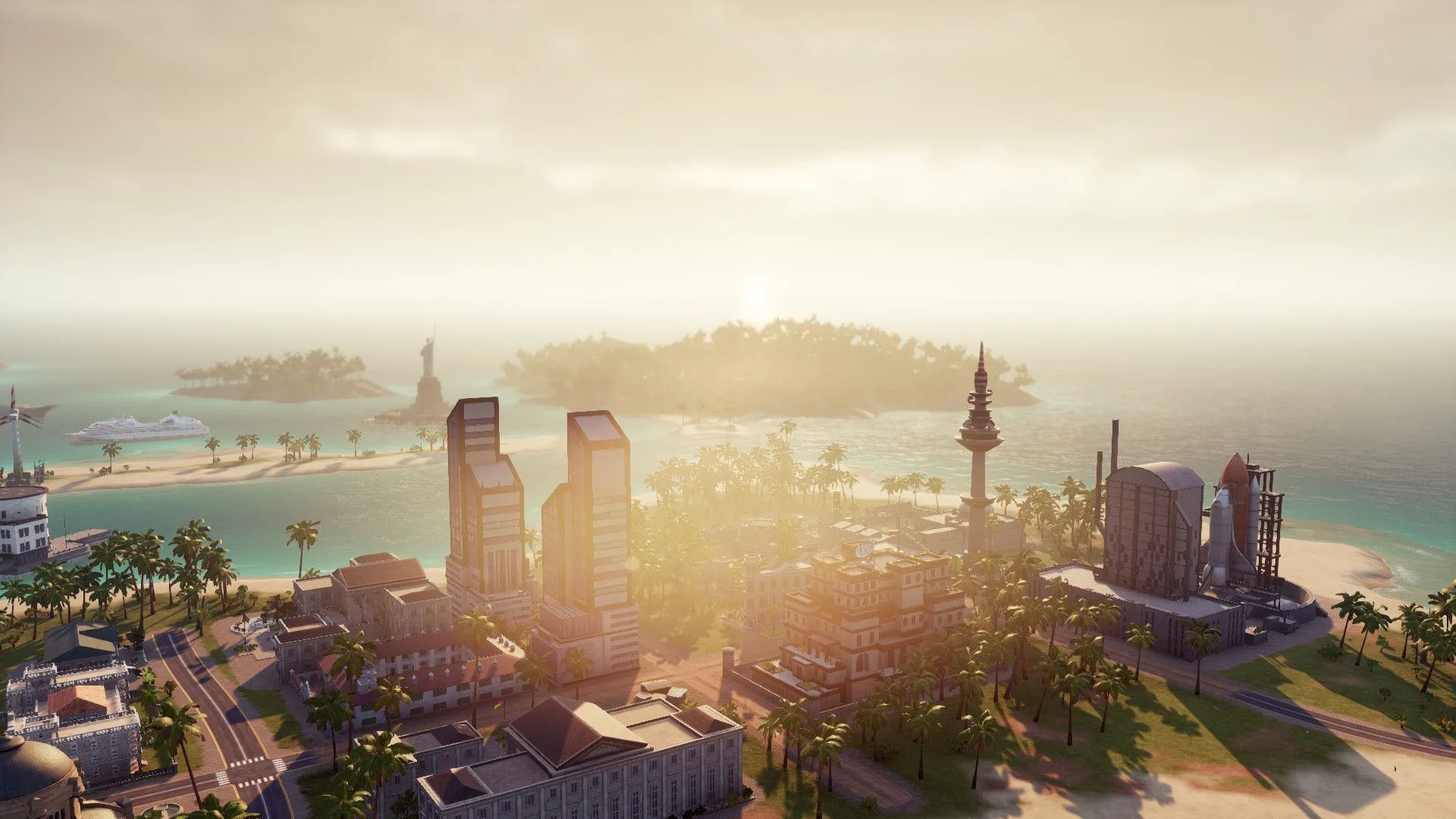 Một bến cảng sôi động của Tropico 6 với tàu thuyền và các tòa nhà