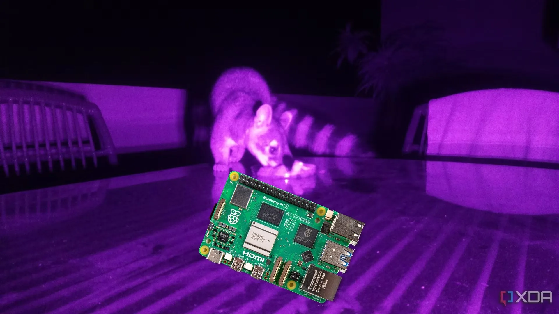 Một bo mạch Raspberry Pi trên nền tím, biểu tượng cho vô số ứng dụng sáng tạo mà Pi có thể mang lại ngoài giả lập game