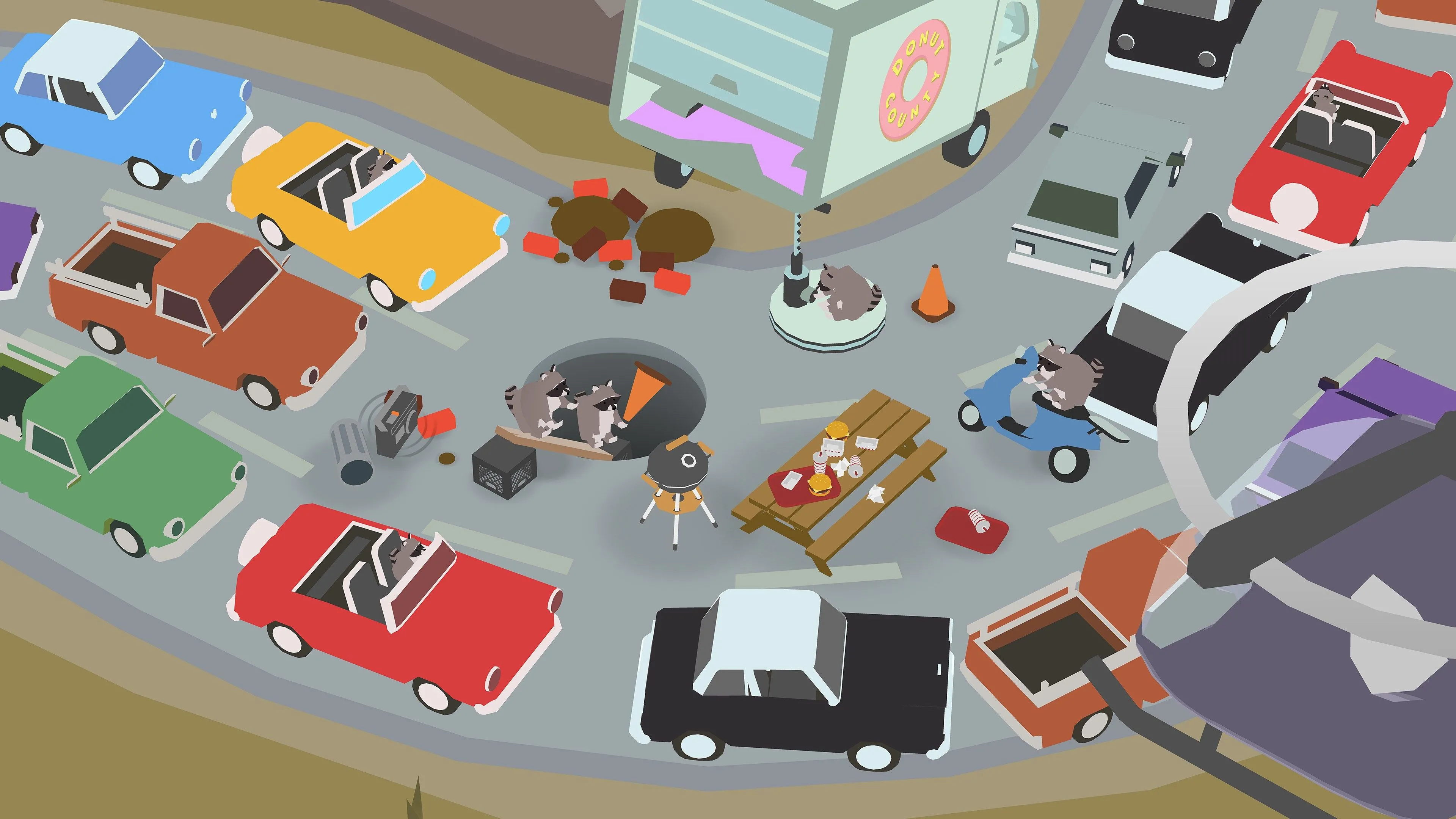 Một cái hố đen đang nuốt chửng một tòa nhà và các vật thể khác trong game giải đố Donut County.