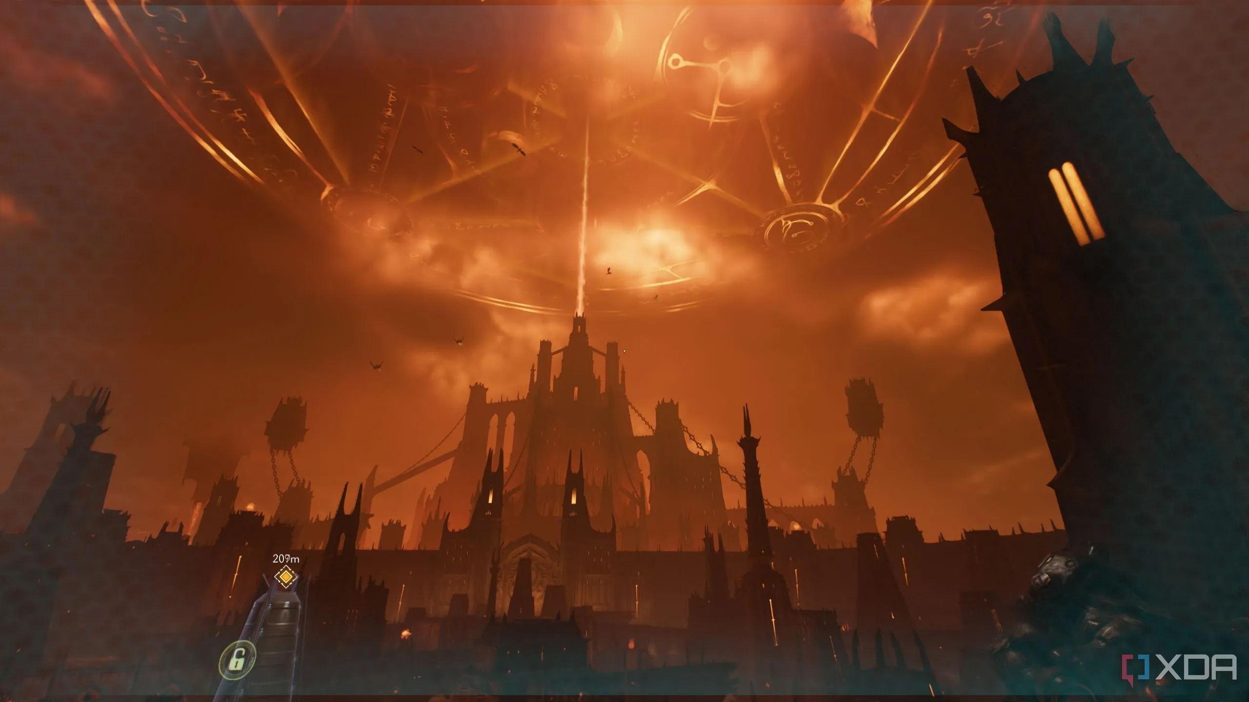 Một cảnh quan địa ngục rộng lớn trong Doom: The Dark Ages, với các cấu trúc kiến trúc kỳ lạ và màu sắc u ám.