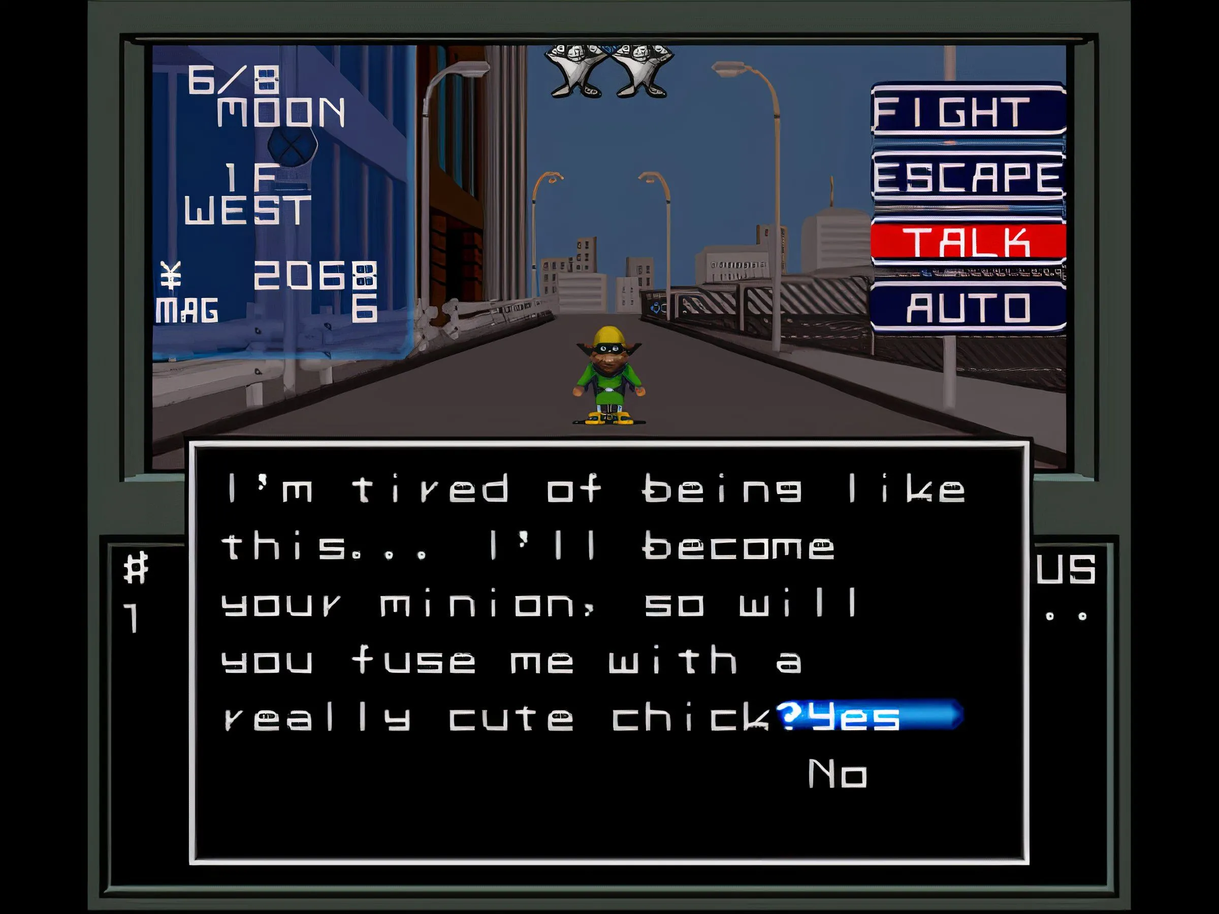 Một cảnh thành phố trong Shin Megami Tensei phiên bản GBA, đã được dịch hoàn chỉnh sang tiếng Anh.
