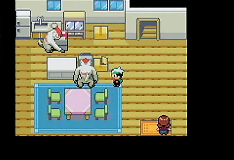 Một cảnh trong game Pokémon Emerald ROM hack R.O.W.E., thể hiện đồ họa và nhân vật quen thuộc.