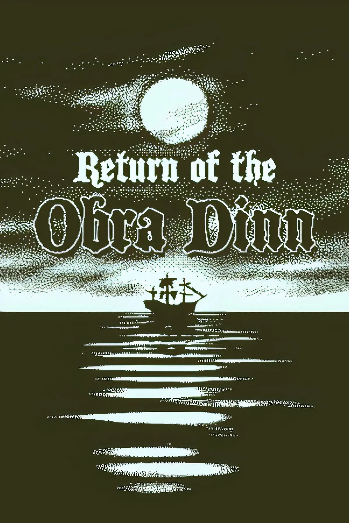 Một cảnh từ game Return of the Obra Dinn, thể hiện đồ họa đơn sắc với con tàu Obra Dinn và một cảnh tượng bí ẩn, làm nổi bật phong cách nghệ thuật độc đáo