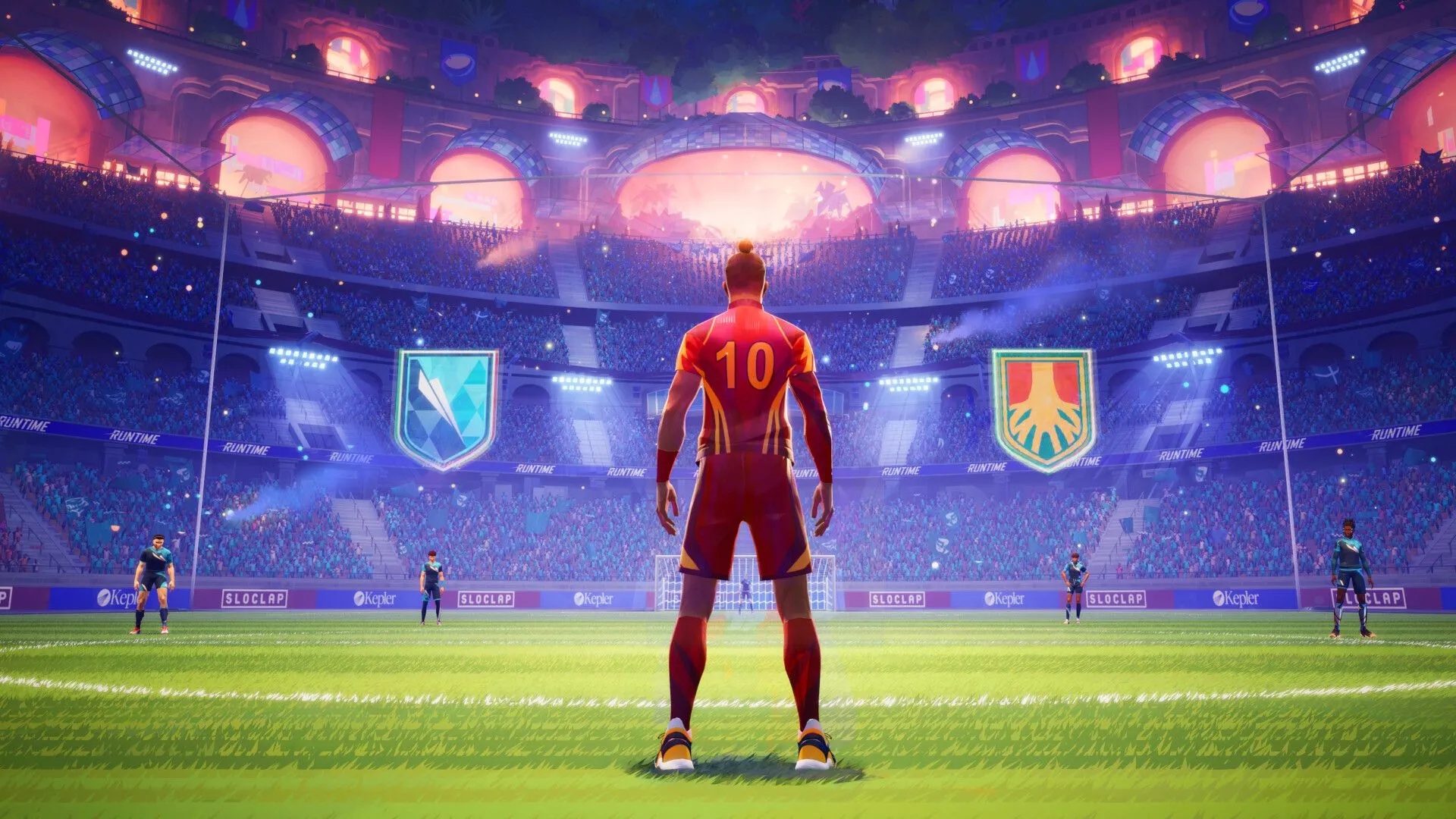 Một cầu thủ Rematch thực hiện cú sút mạnh mẽ, tạo hiệu ứng chuyển động nhanh trên sân