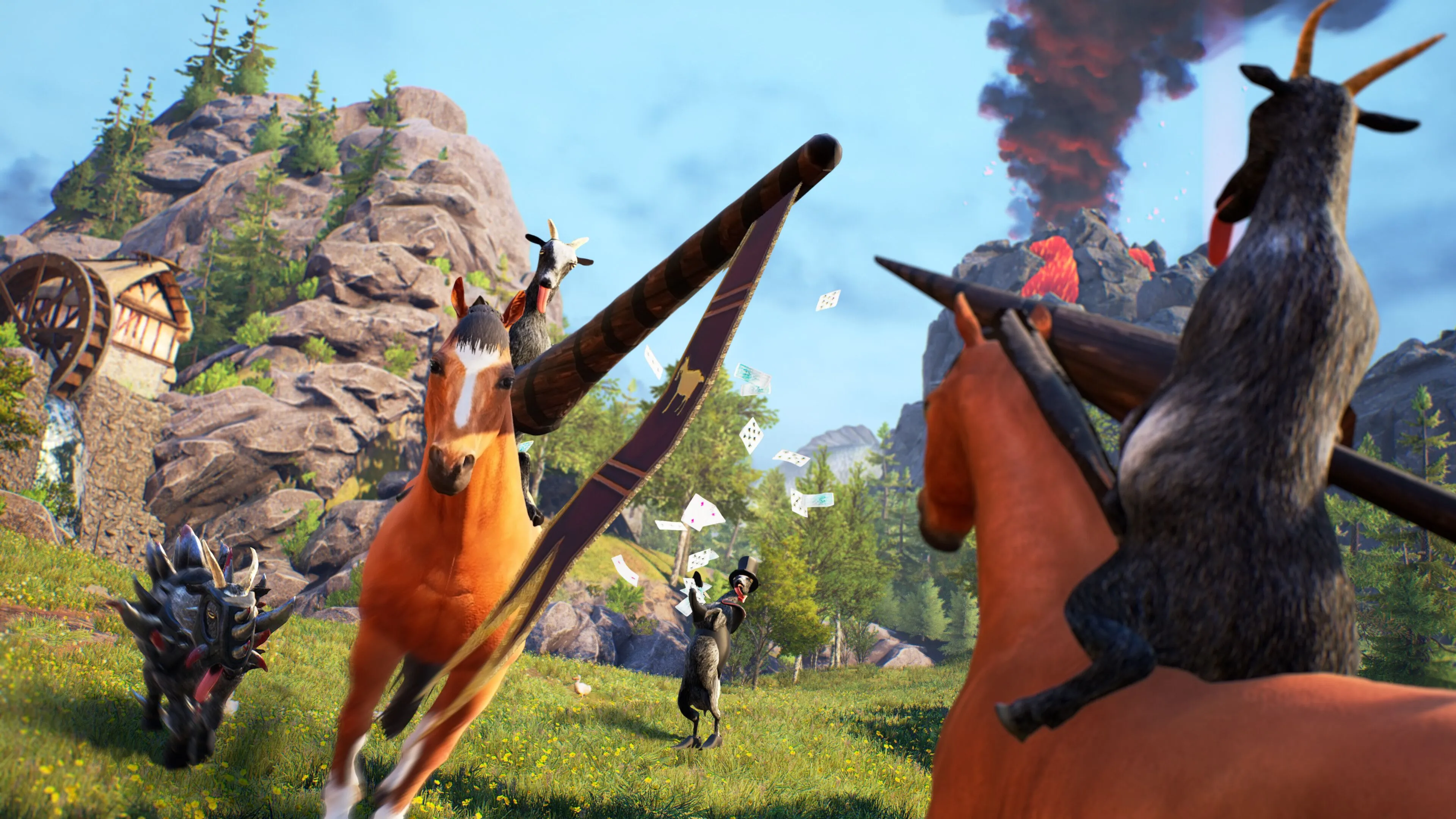 Một chú dê trong game Goat Simulator Remastered đang thực hiện hành động kỳ quái, minh họa lối chơi hài hước và độc đáo