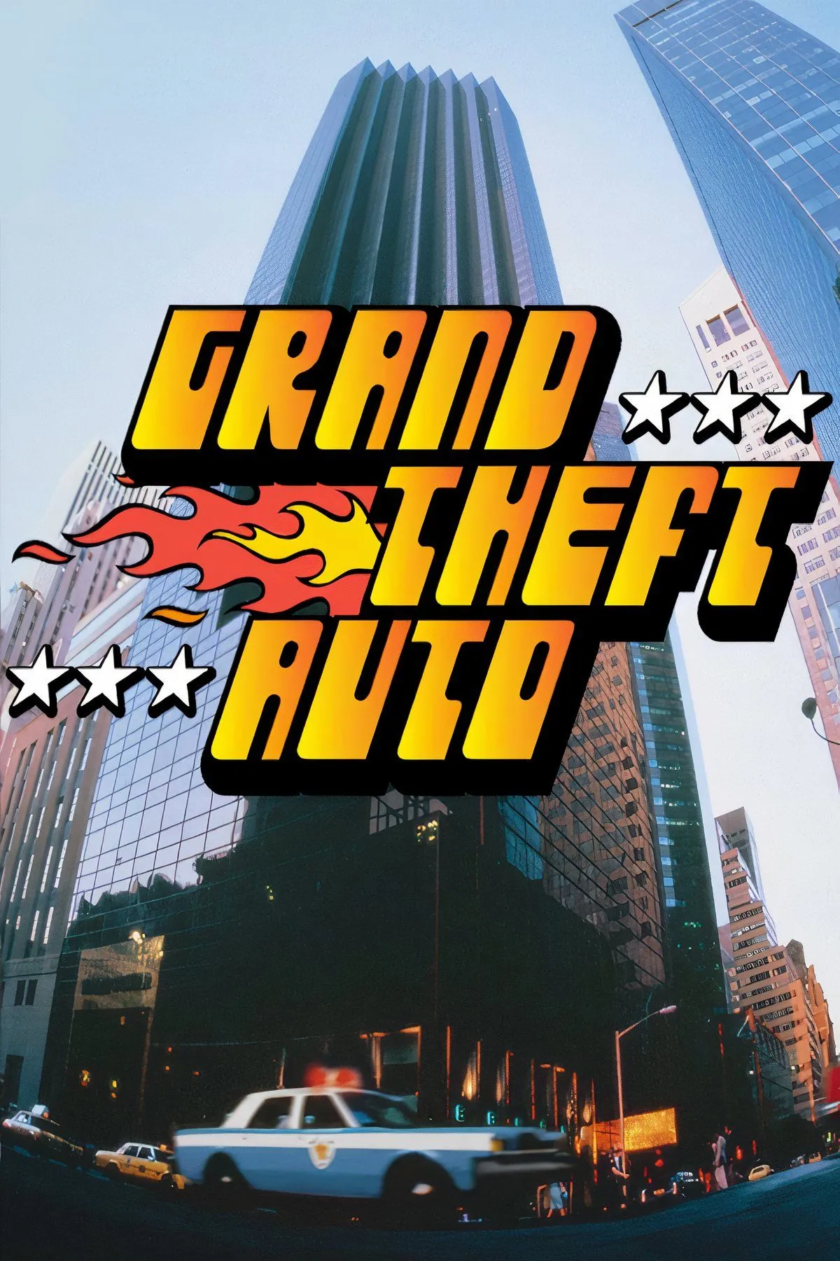 Một collage ảnh chụp màn hình từ game Grand Theft Auto (GTA) gốc, hiển thị góc nhìn từ trên xuống và xe cộ trên đường phố
