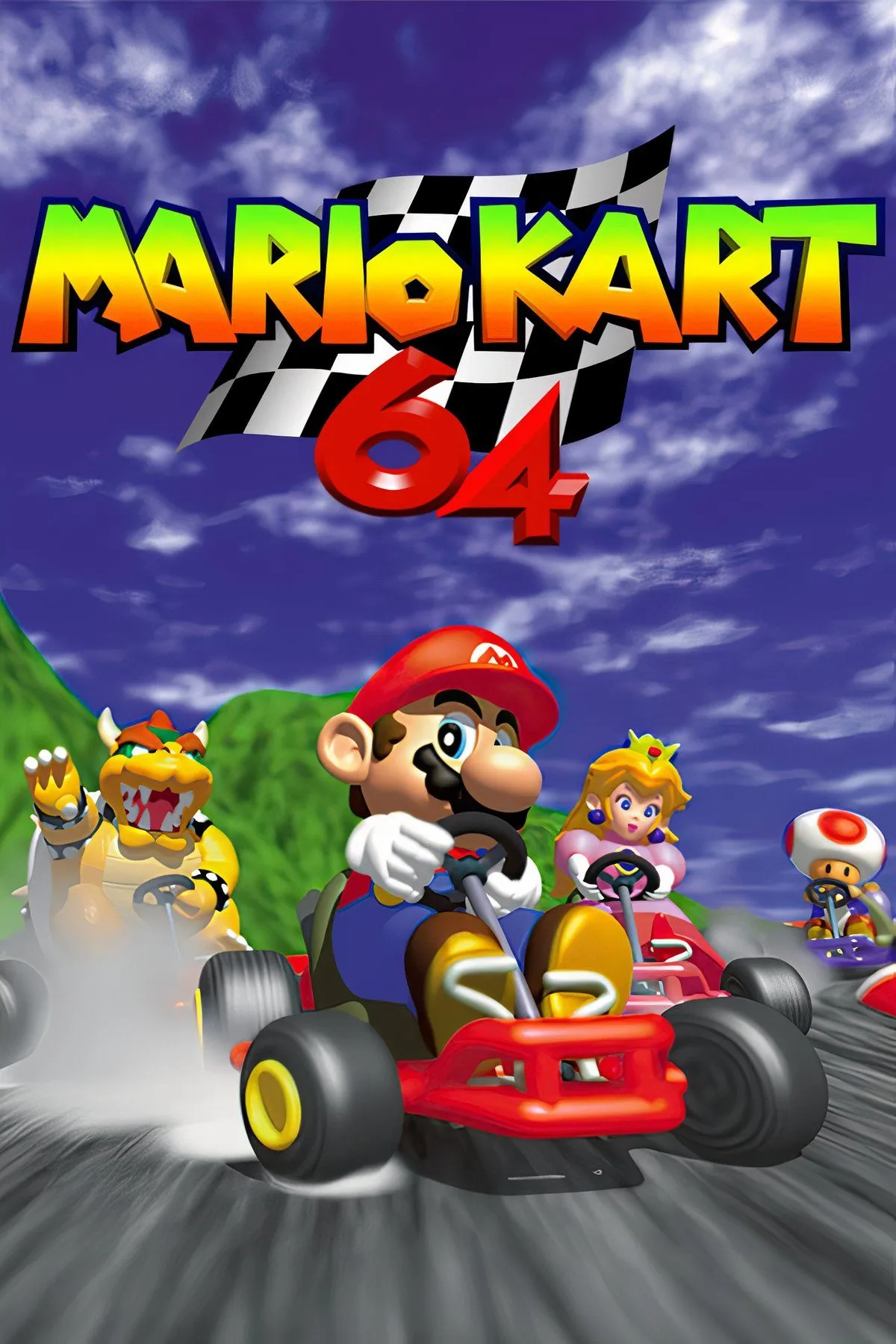 Một collage ảnh chụp màn hình từ game Mario Kart 64, hiển thị các nhân vật và đường đua khác nhau