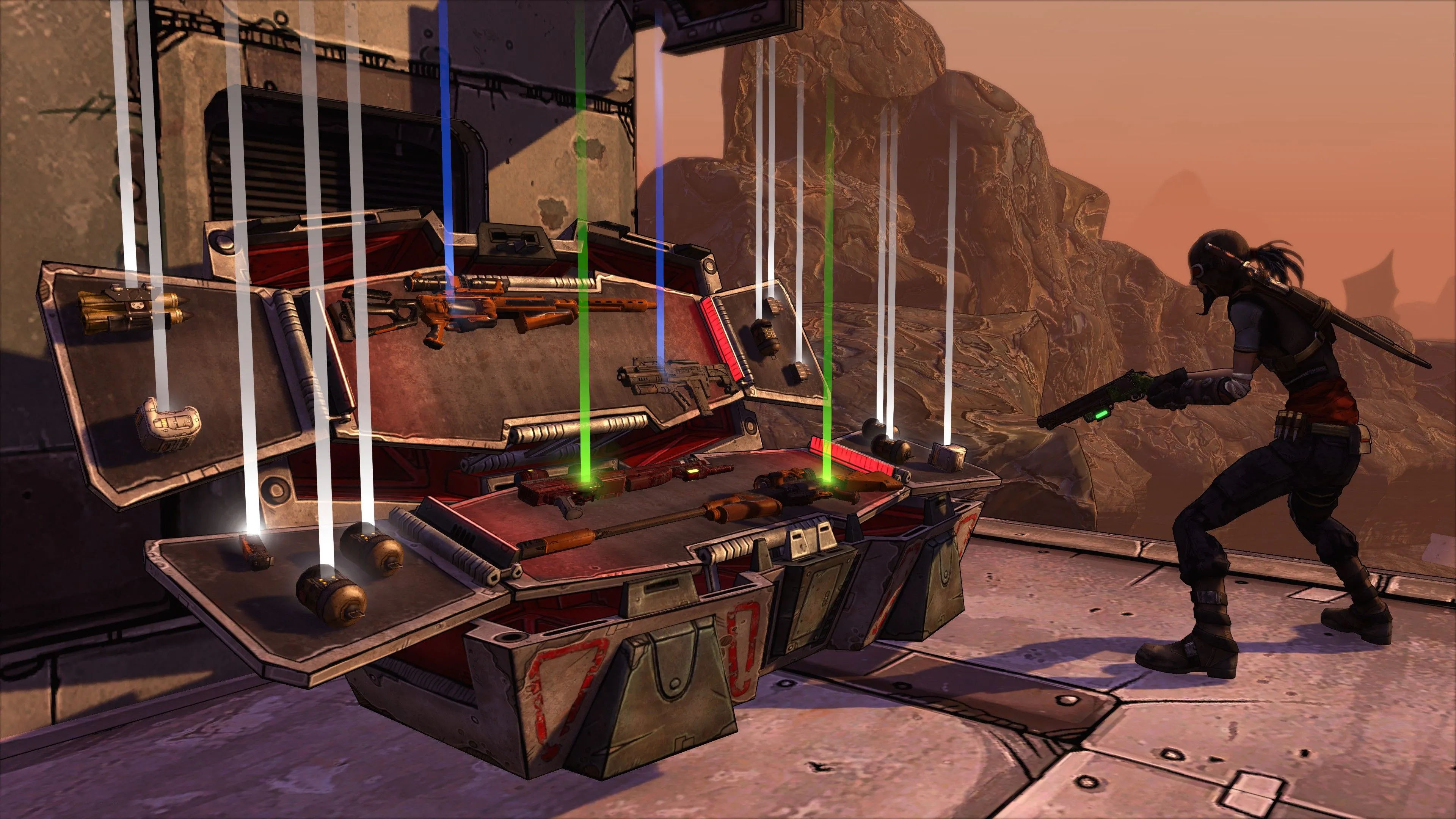 Một hòm đồ được mở với nhiều vũ khí bên trong game Borderlands