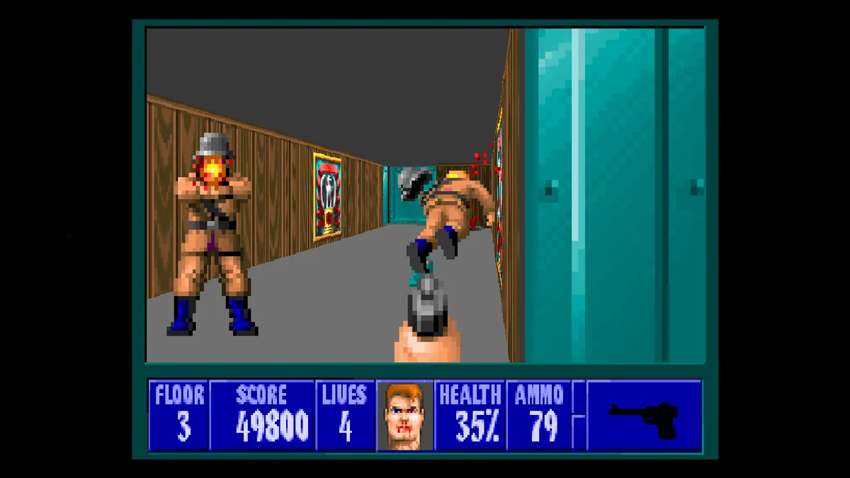 Một khu vực trong Wolfenstein 3D, với thiết kế mê cung và kẻ thù