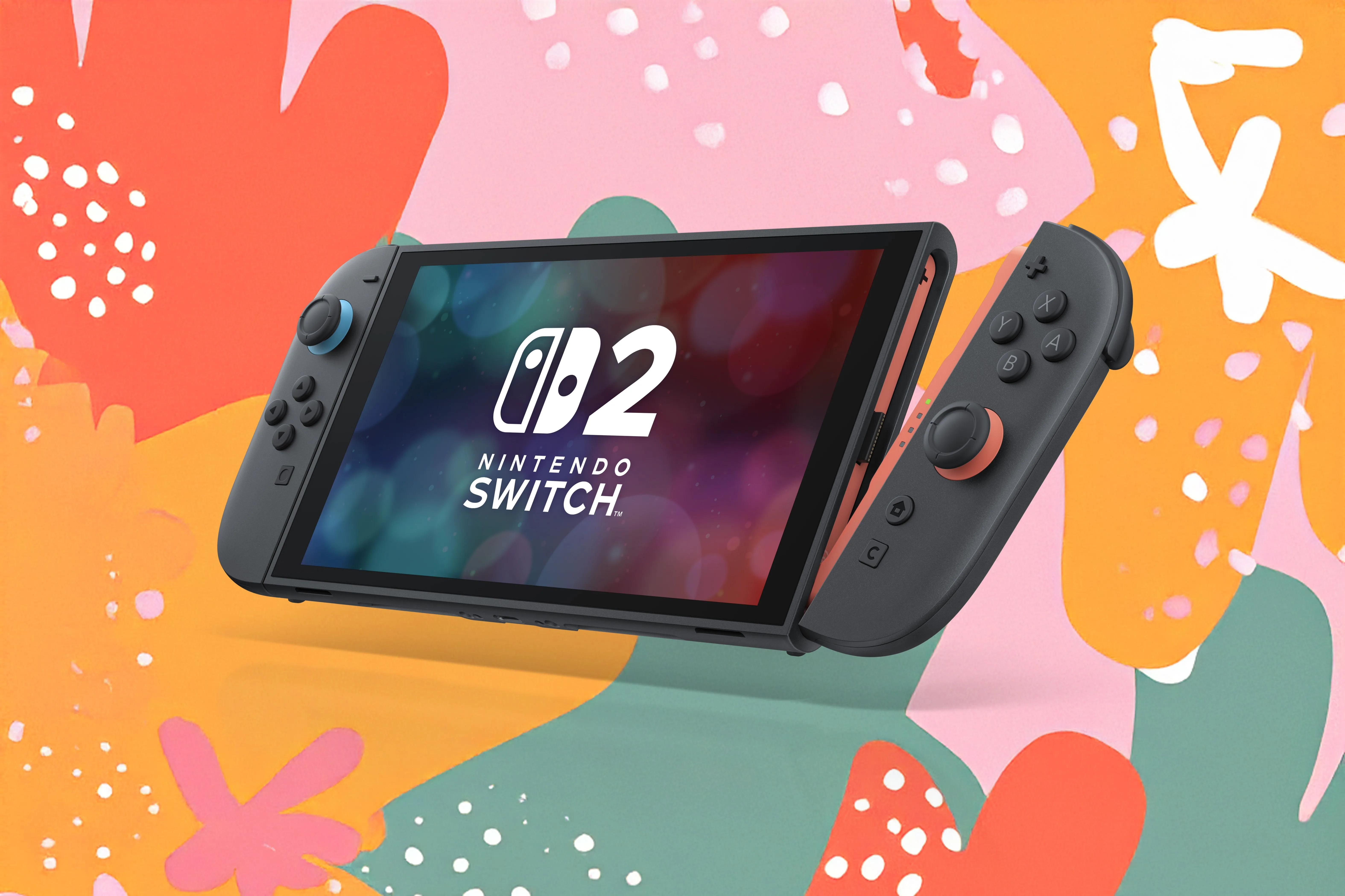 Một máy Nintendo Switch 2 với một trong các Joy-Con 2 đang được tháo ra trên nền màu sắc