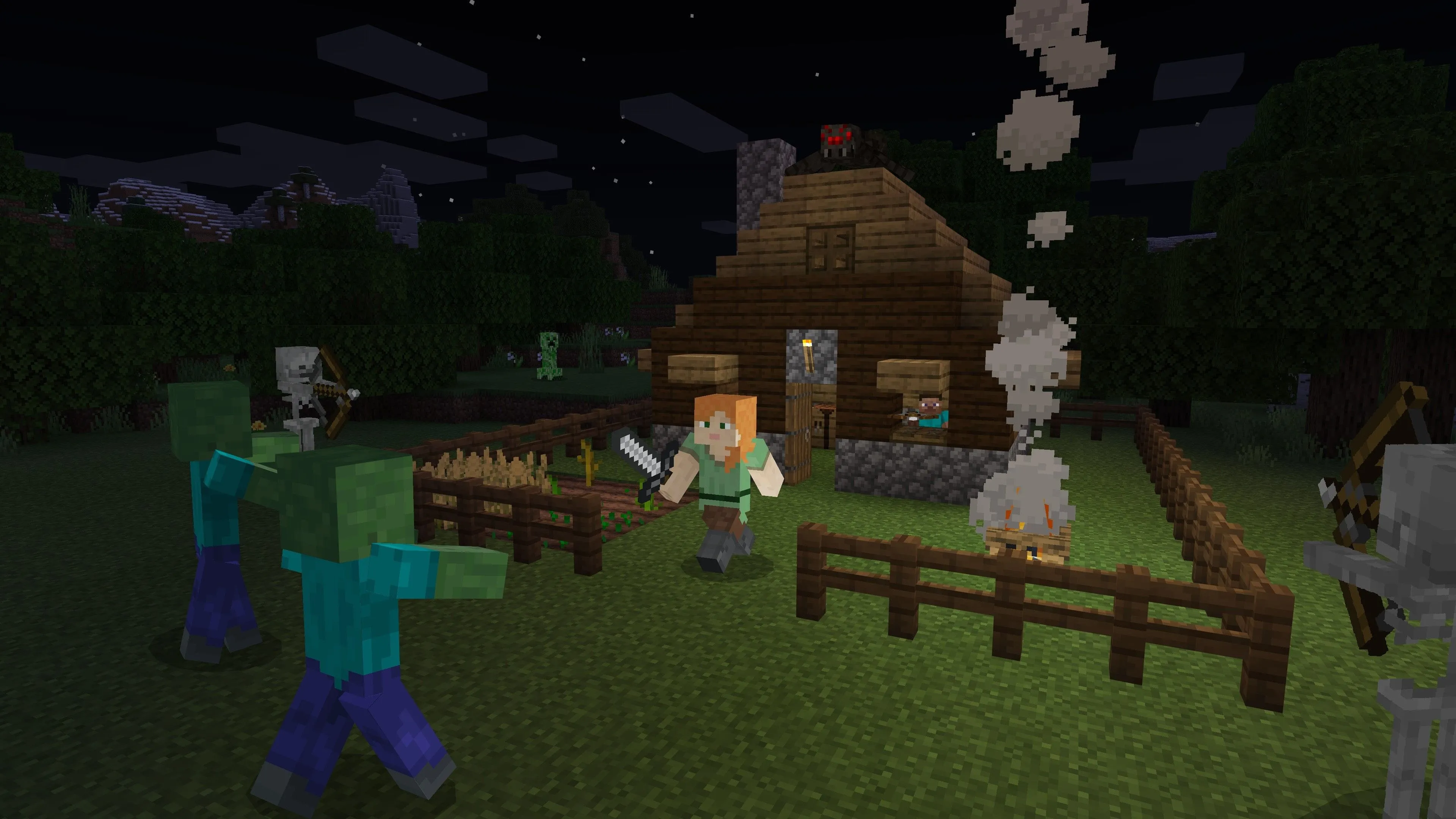 Một nhân vật đang chiến đấu với quái vật trong game Minecraft