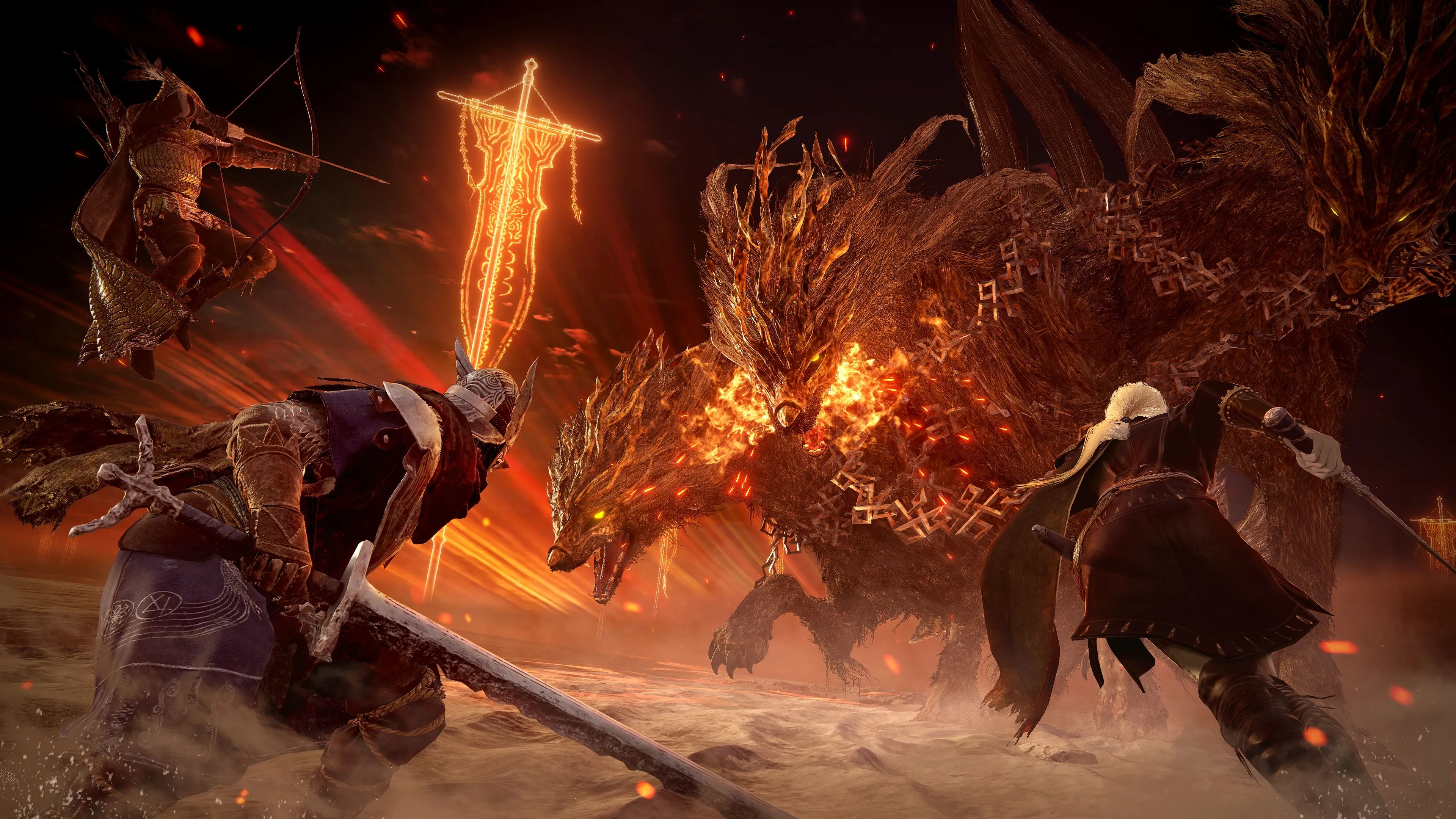 Một nhóm anh hùng chiến đấu với một con quái vật lớn trong game Elden Ring Nightreign