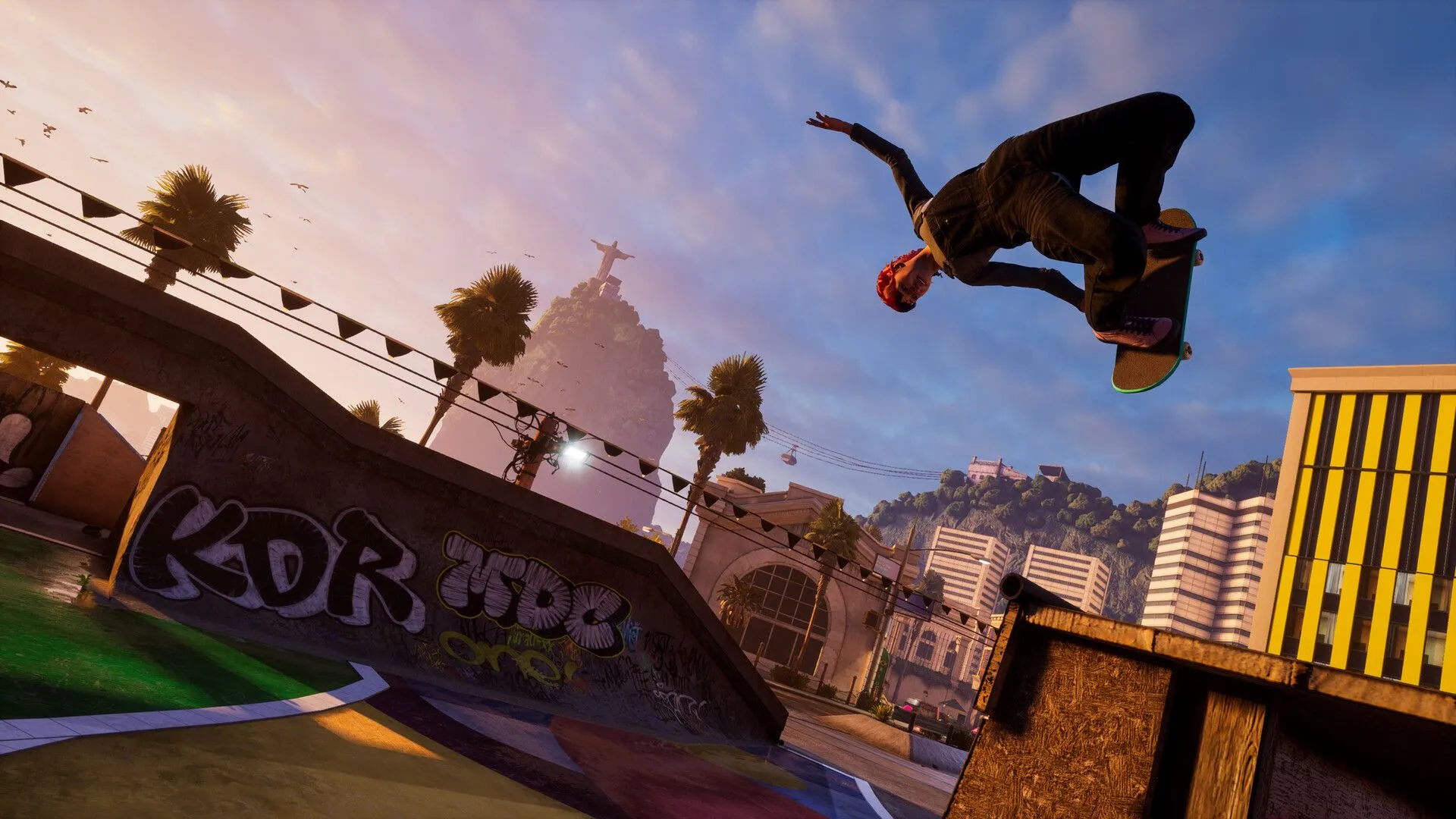 Một nhóm skater đang trình diễn các động tác trượt ván liên hoàn tại một khu công nghiệp bỏ hoang trong Tony Hawk's Pro Skater 3 + 4