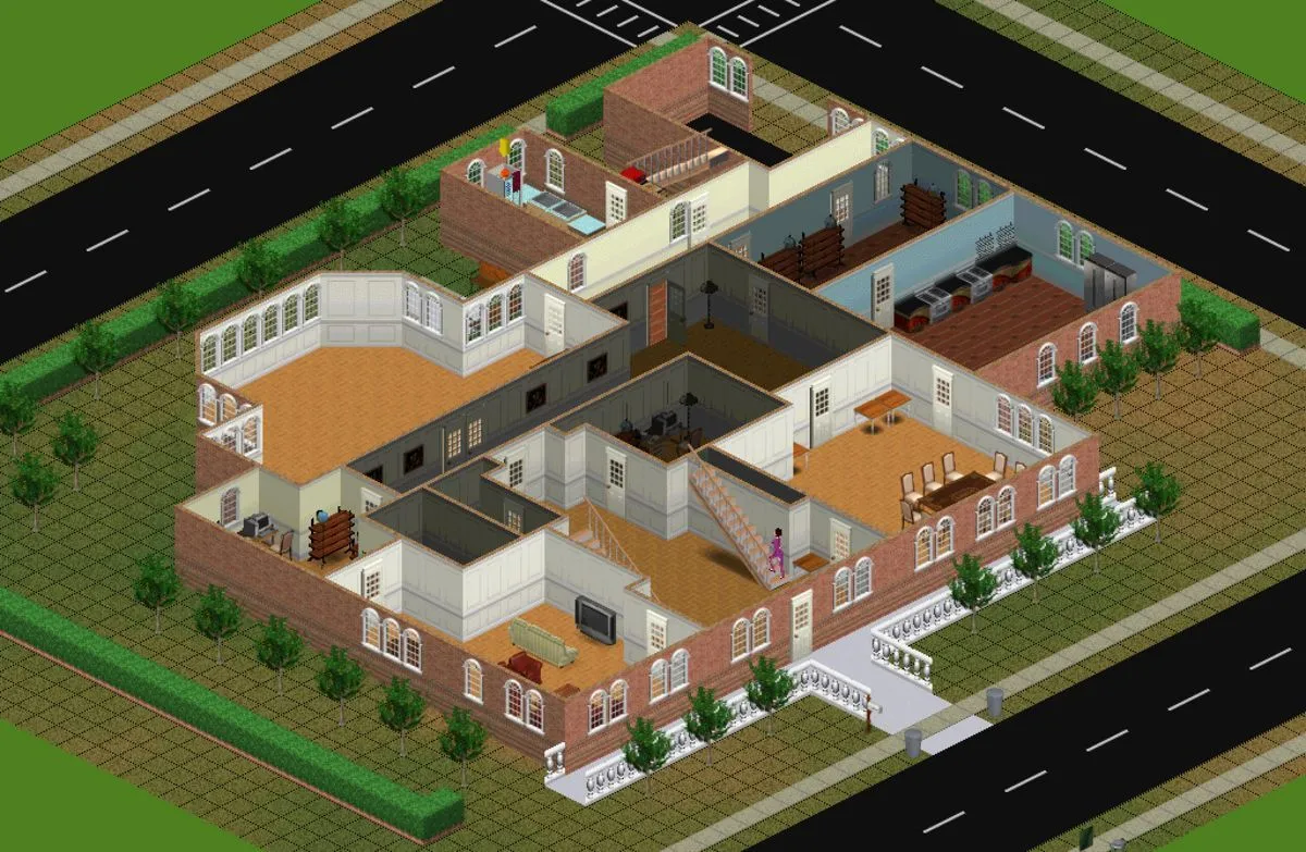 Một phân cảnh trong The Sims cho thấy các nhân vật Sim tương tác với nhau và với môi trường, minh họa tính năng mô phỏng xã hội.